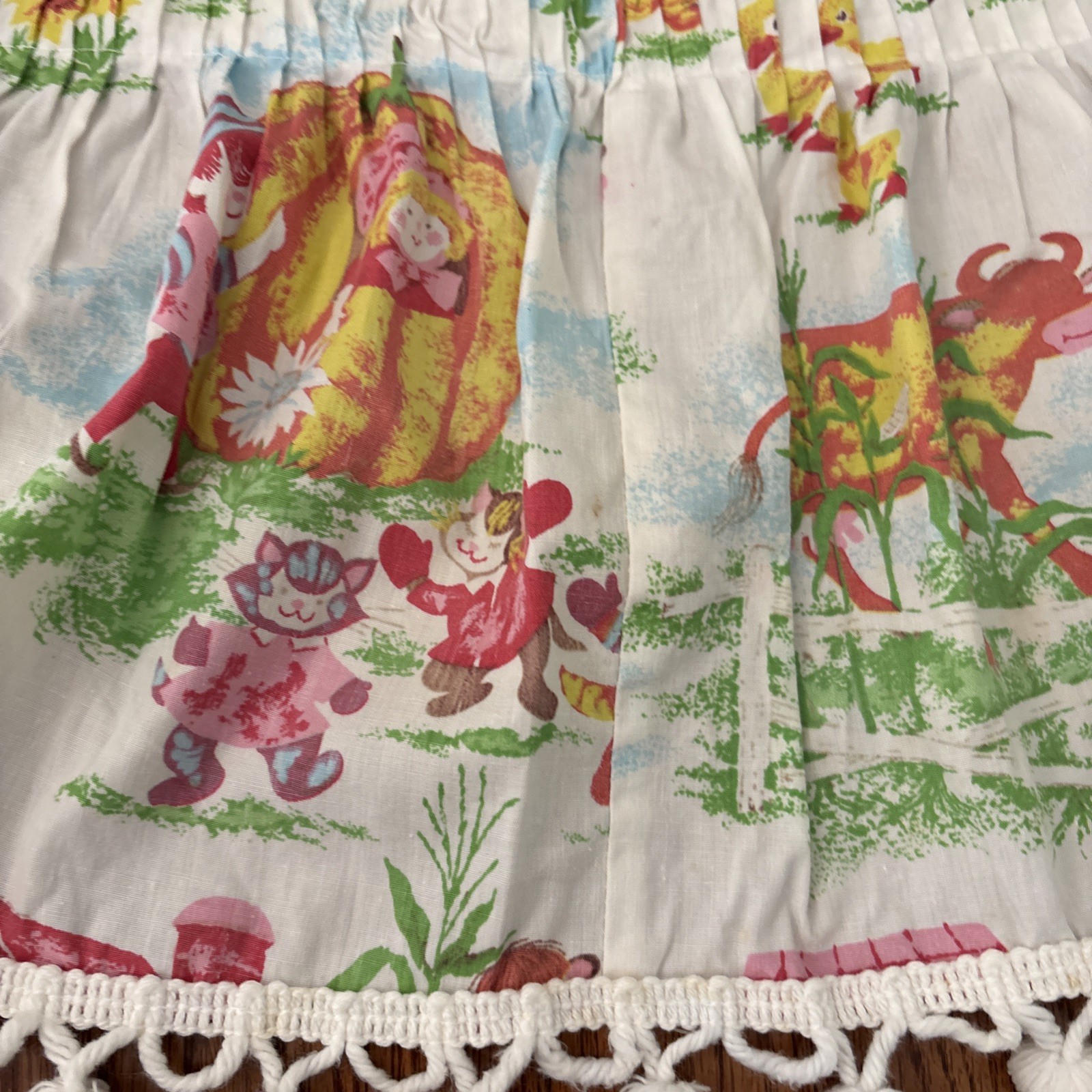 Vtg Kids Novelty Storybook Valance Lot 2 Handmade Rod Pocket Pom Pom Trim Retro