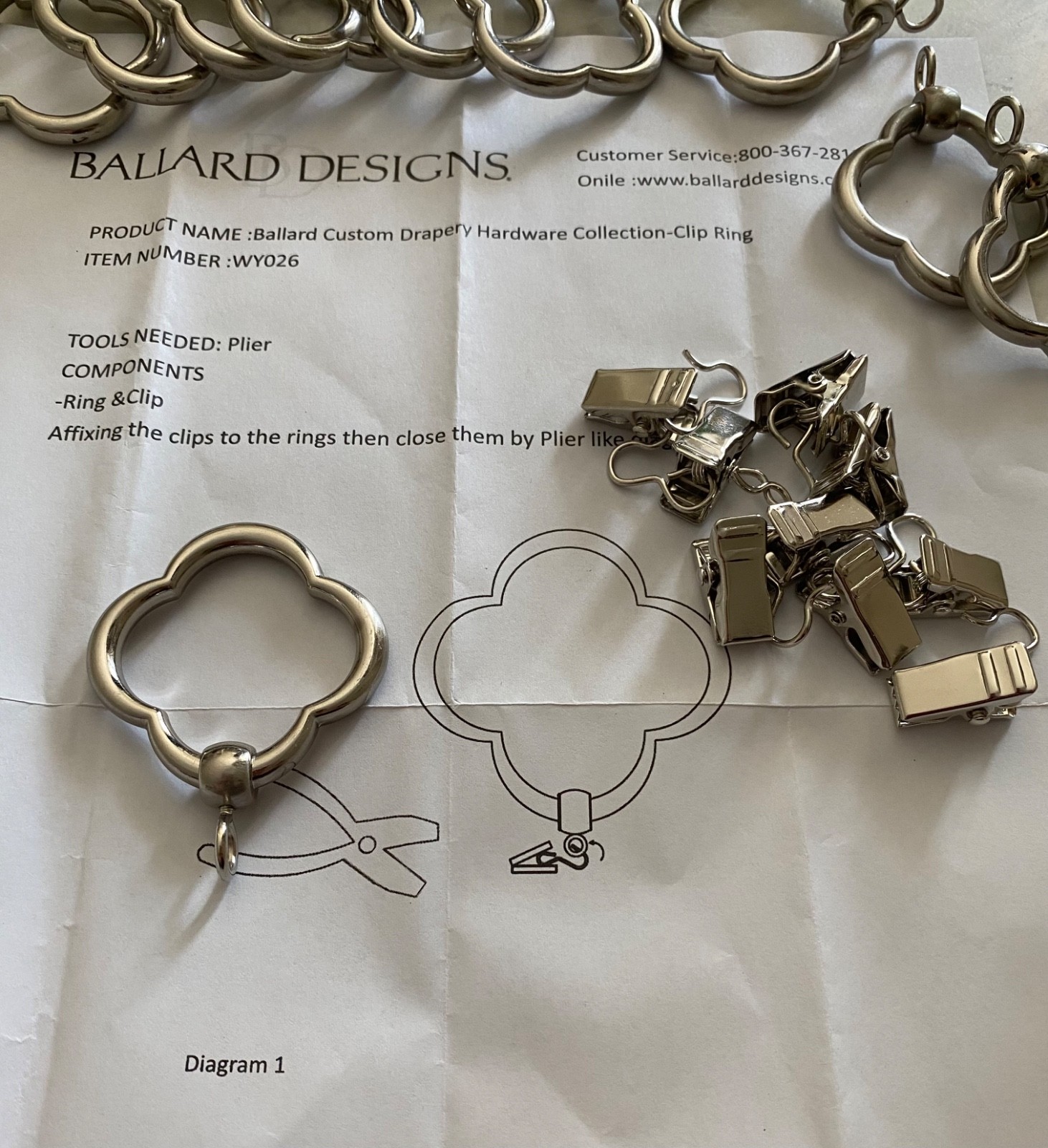 Ballard Designs QUATREFOIL Curtain Rings Set/10 Nickel 1.5” open