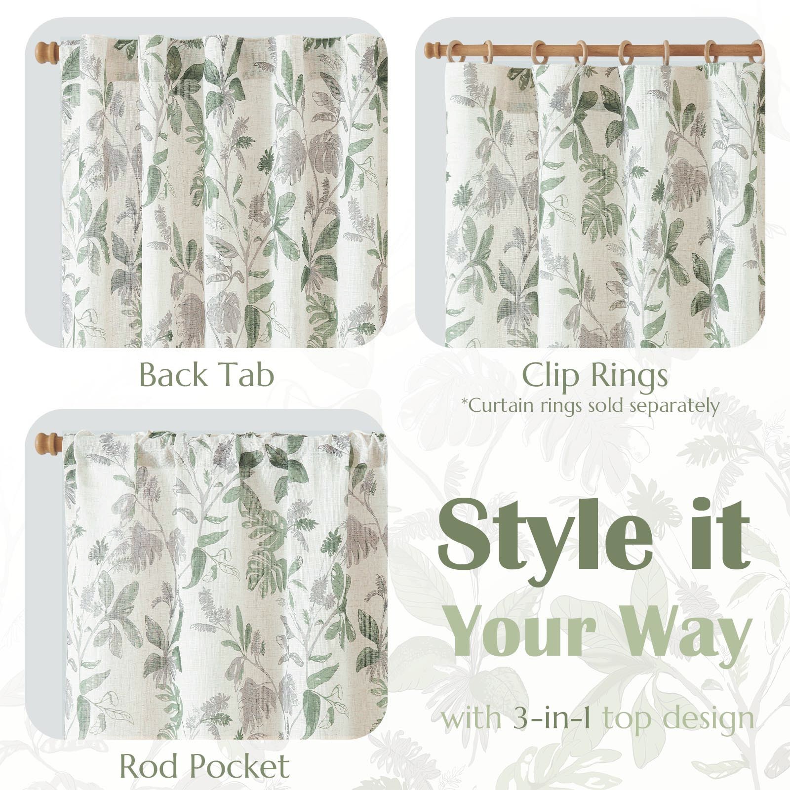Tropical Leaf Curtains 2 Panels Farmhouse Room Darkening Rod Pocket 84″