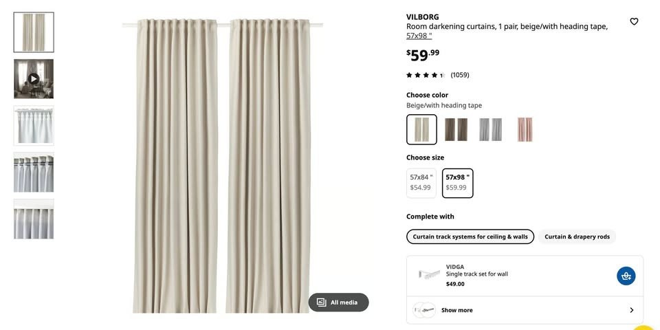 IKEA Vilborg Green-gray room darkening curtains 57×98″, 1 pair