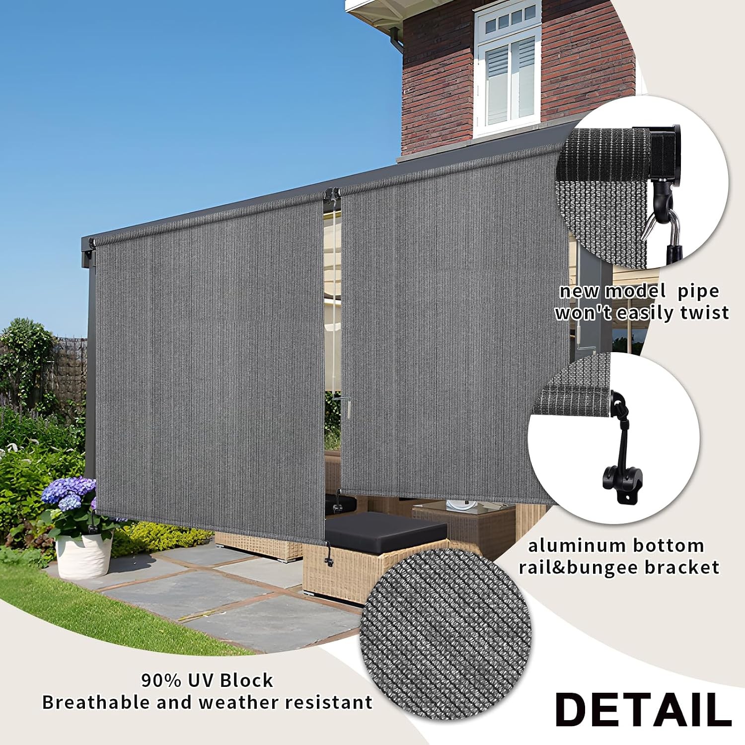 Outdoor Roller Shade 10′ W X 8′ H, 220GSM HDPE Breathable Sun Shades Outdoor