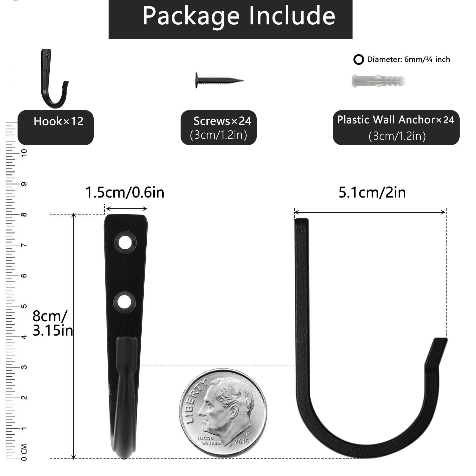 12Pcs Wall Hooks for Hanging Coat/Towel – 50LB Screw in Metal Hanger Wall Mou…