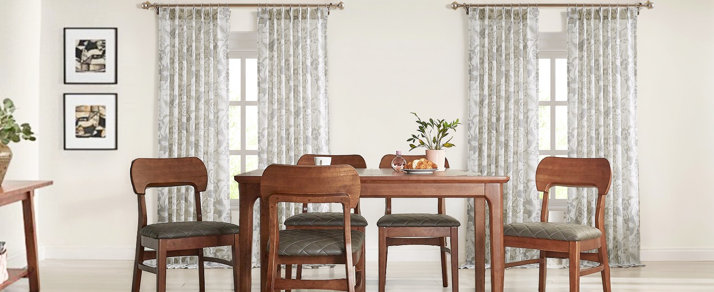 Floral Leaf Print Light Filtering Curtains Grey Linen Botanical Leaf Flower