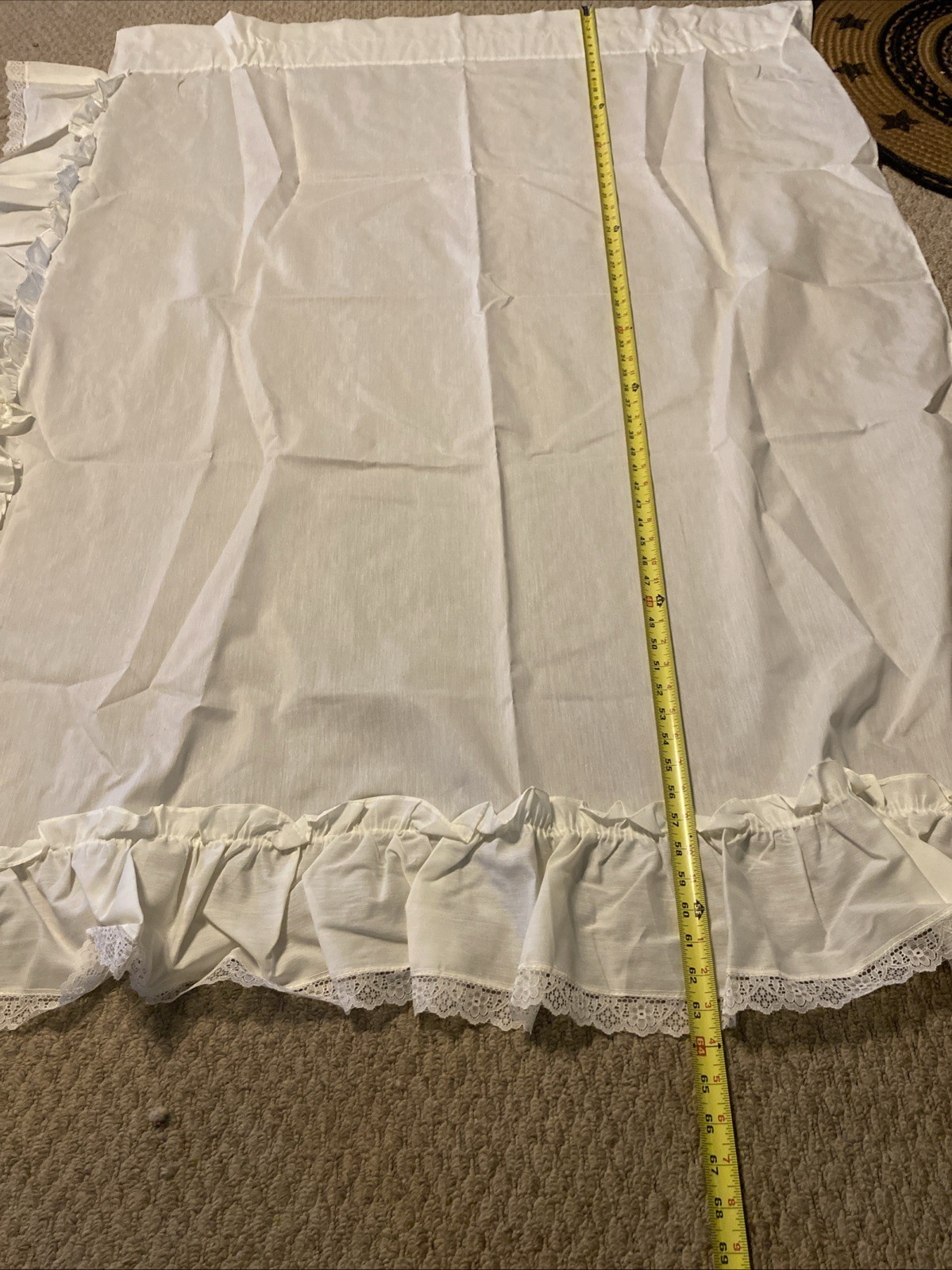 Pair Ivory Ruffled Curtains With Tie Back Bows Lace Trim 65″ Long Beautiful!