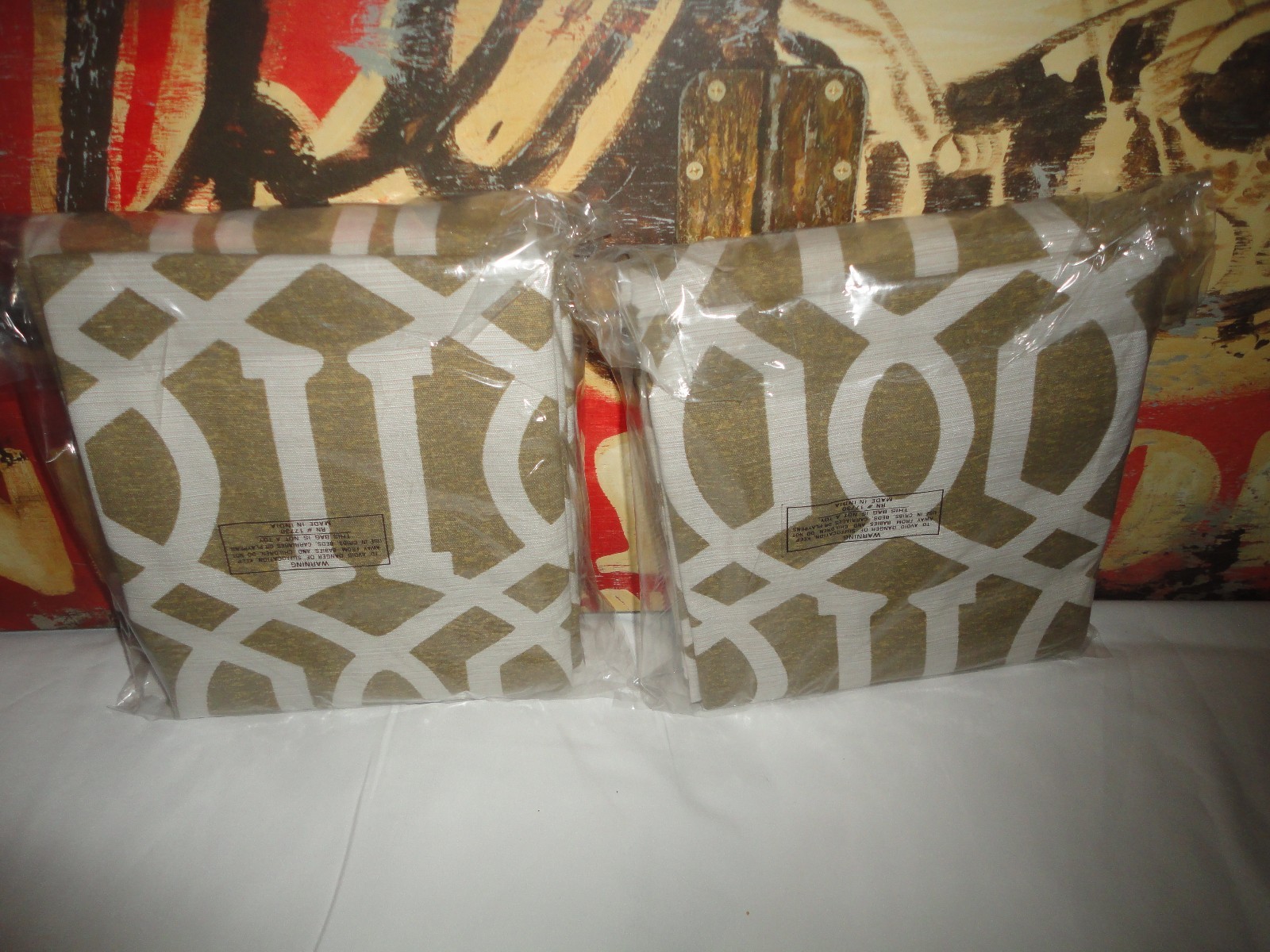 THRESHOLD CURTAIN PANEL TAUPE & CREAM FRETWORK (2) DRAPERY PANELS 54 X 84