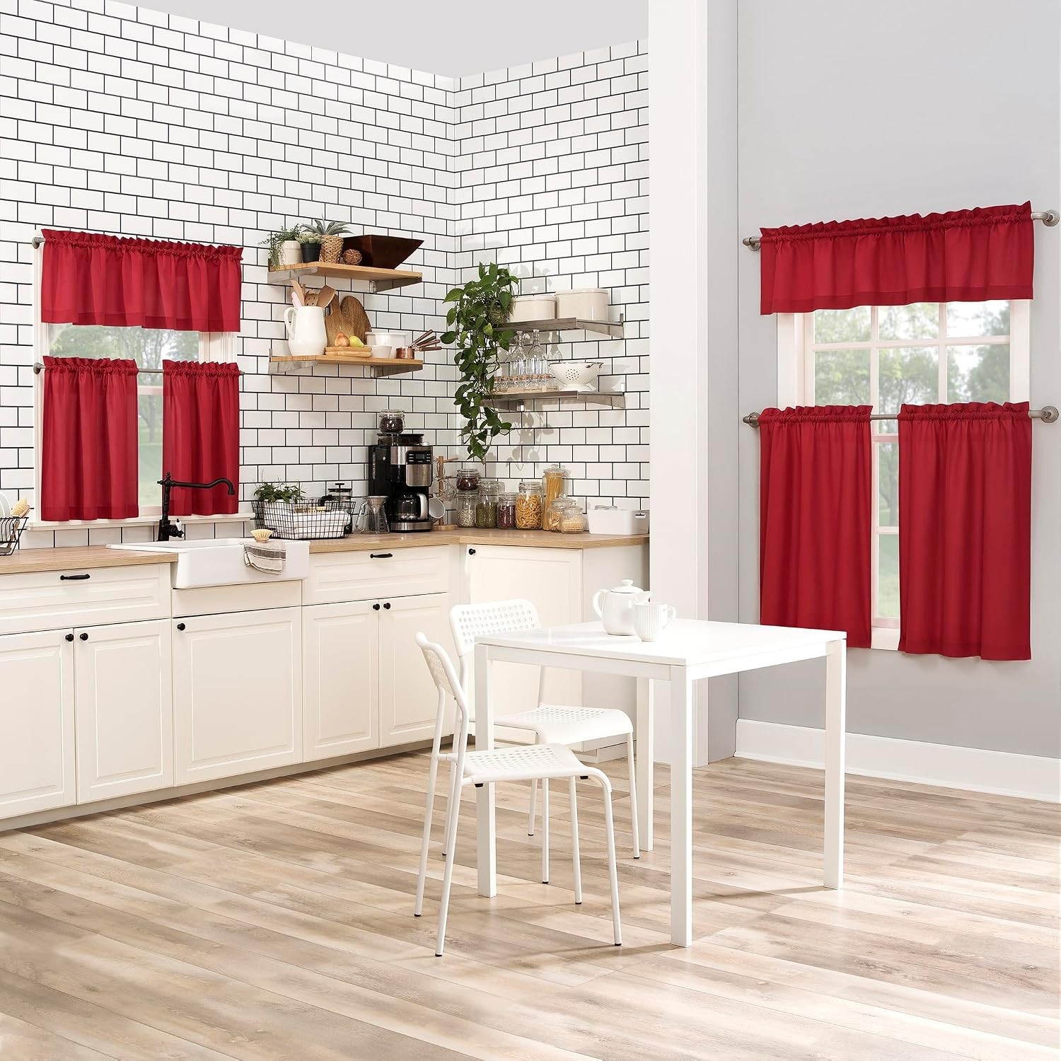 Elegant Red Microfiber Semi-Sheer Rod Pocket Kitchen Curtain Set – 54″ x 24″