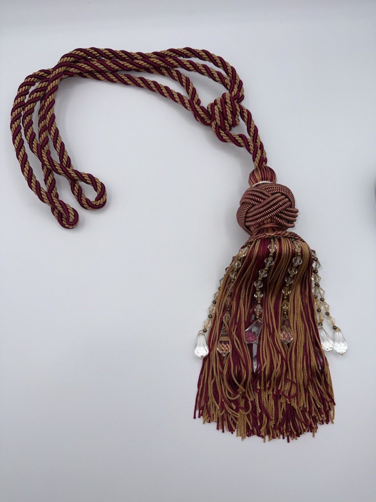 Curtain Tieback Tassel Burgundy Gold Beaded Crystal Window Drapery Tie Back