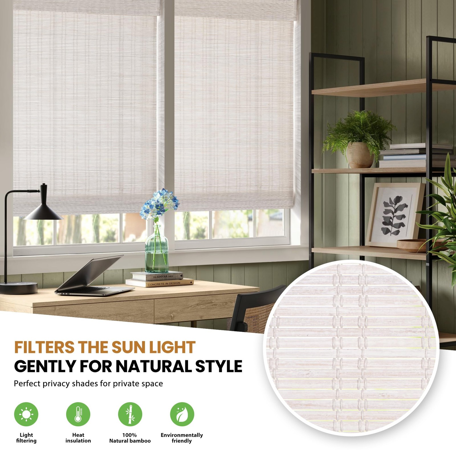 Lazblinds No Tools No Drill Cordless Bamboo Roman Shades Light Filtering Window