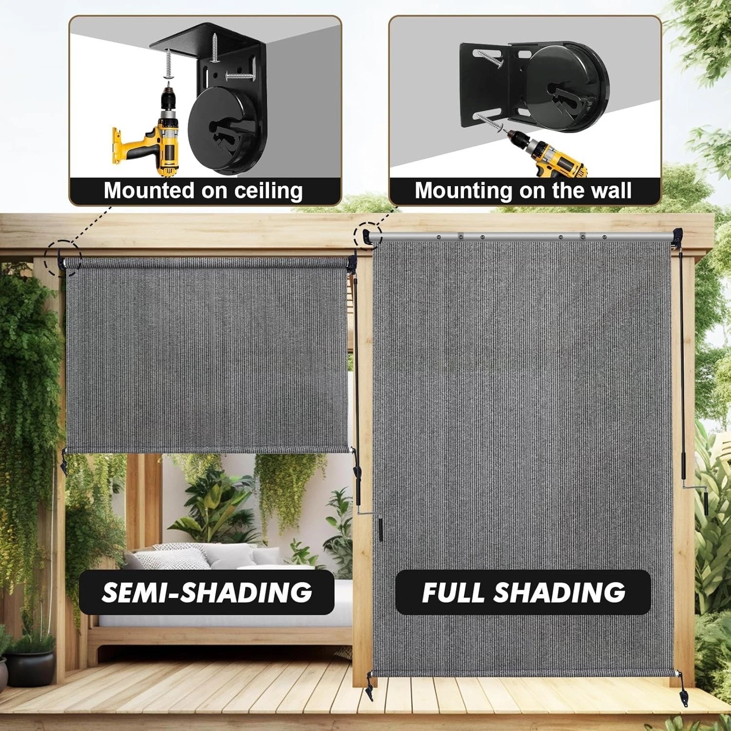 Outdoor Roller Shade 10′ W x 8′ H, Gray Exterior Cordless Patio Shades Roll U…