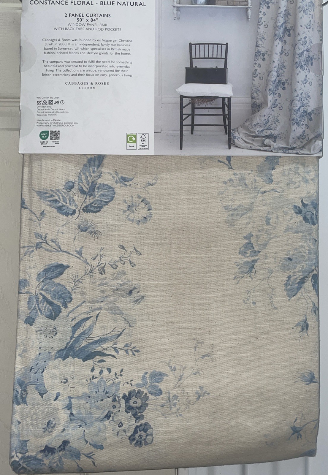 2 Cabbages & Roses Window Curtain Panels Constance Floral Blue Natural 50 x 84”