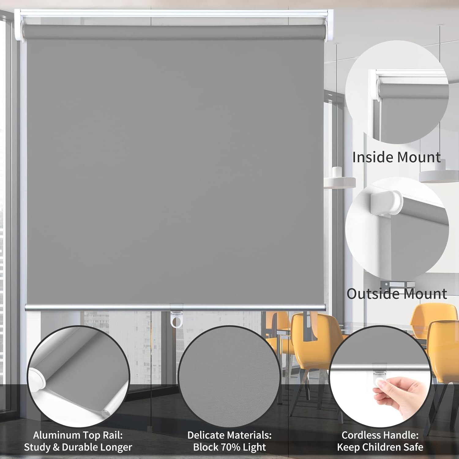 Cordless Fade Resistant Exterior Roller Shade Grey 42in. W x 72in L Room Darken