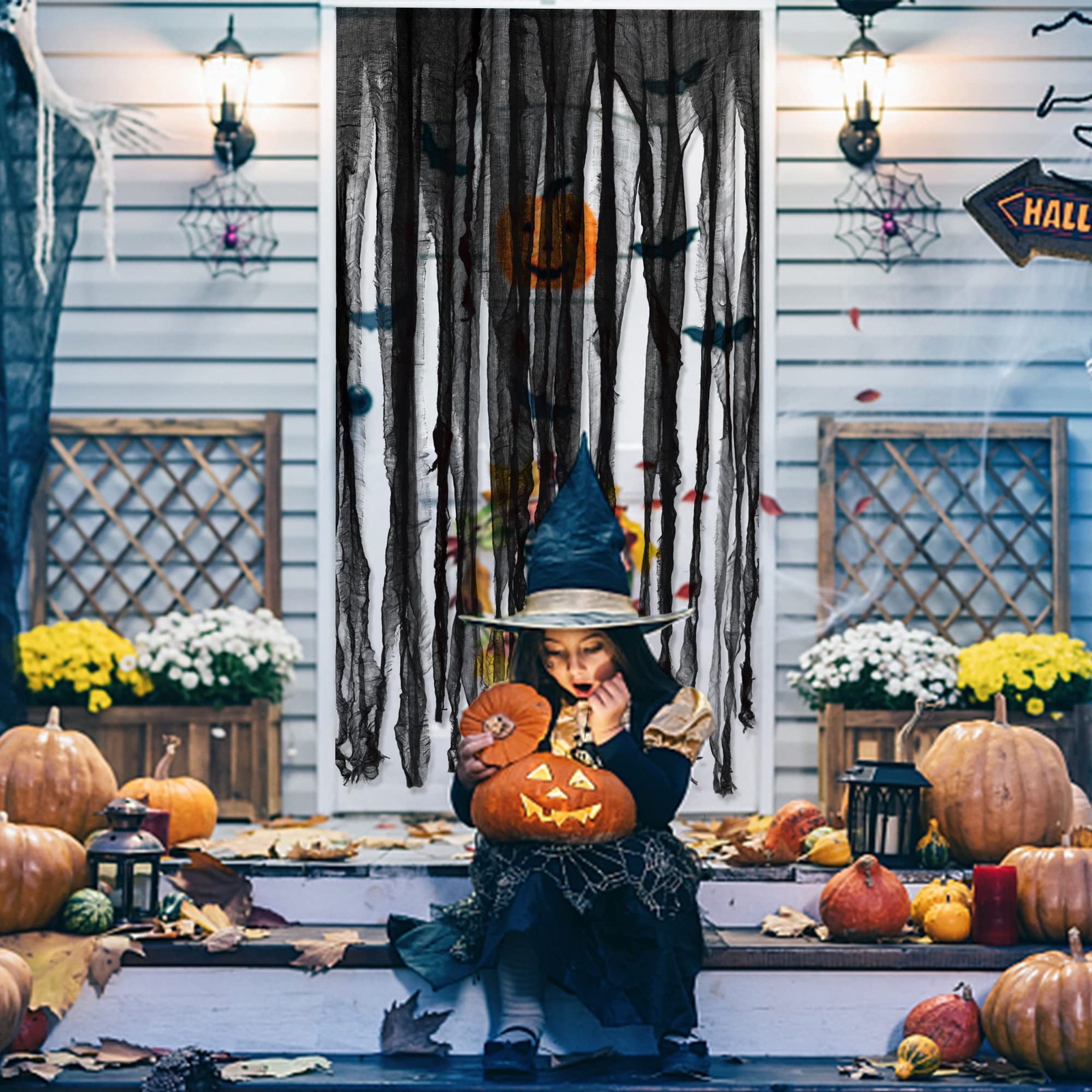 Halloween Black Doorway Curtain 3 Pcs 65×39 Inch Creepy Gauze for Door