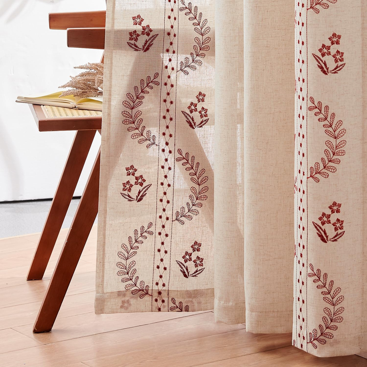jinchan Belrose Linen Curtains for Bedroom Floral Curtains 63 Inch Length Linen