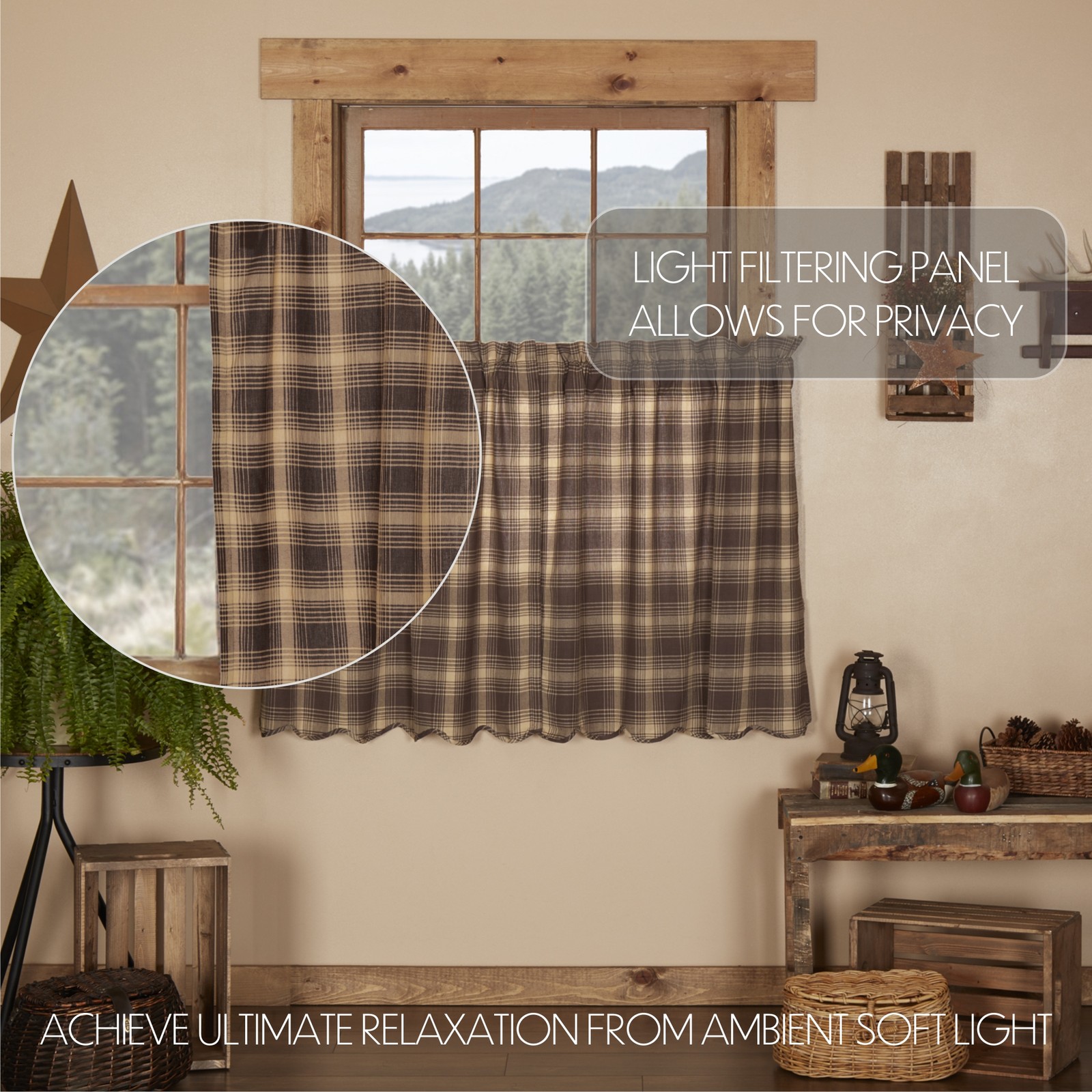 VHC Brands Rustic 36″x36″ Tier Pair Brown Rod Pocket Kitchen Window Curtains