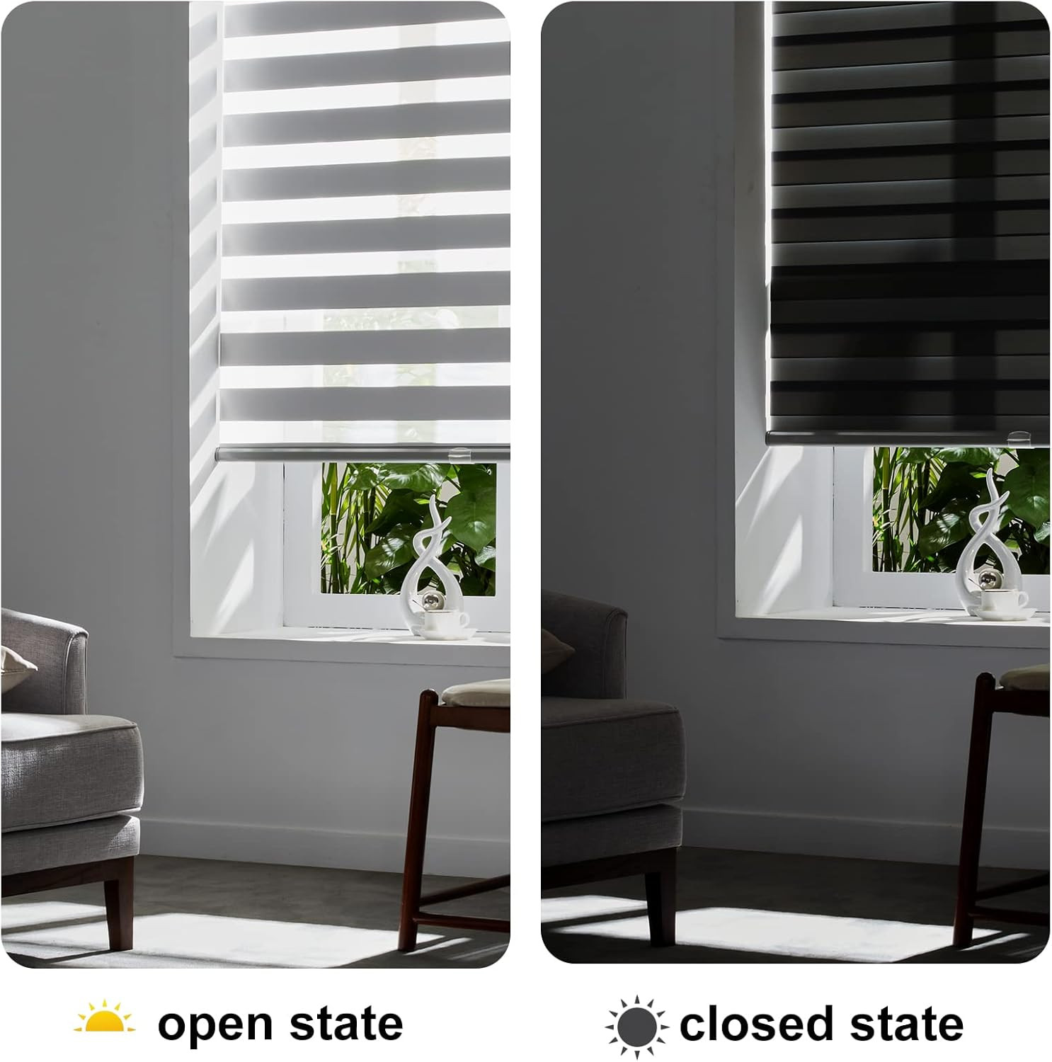Zebra Shades Free Stop Roller Shades for Windows (45″ W X 72″ H, Grey) Cordless