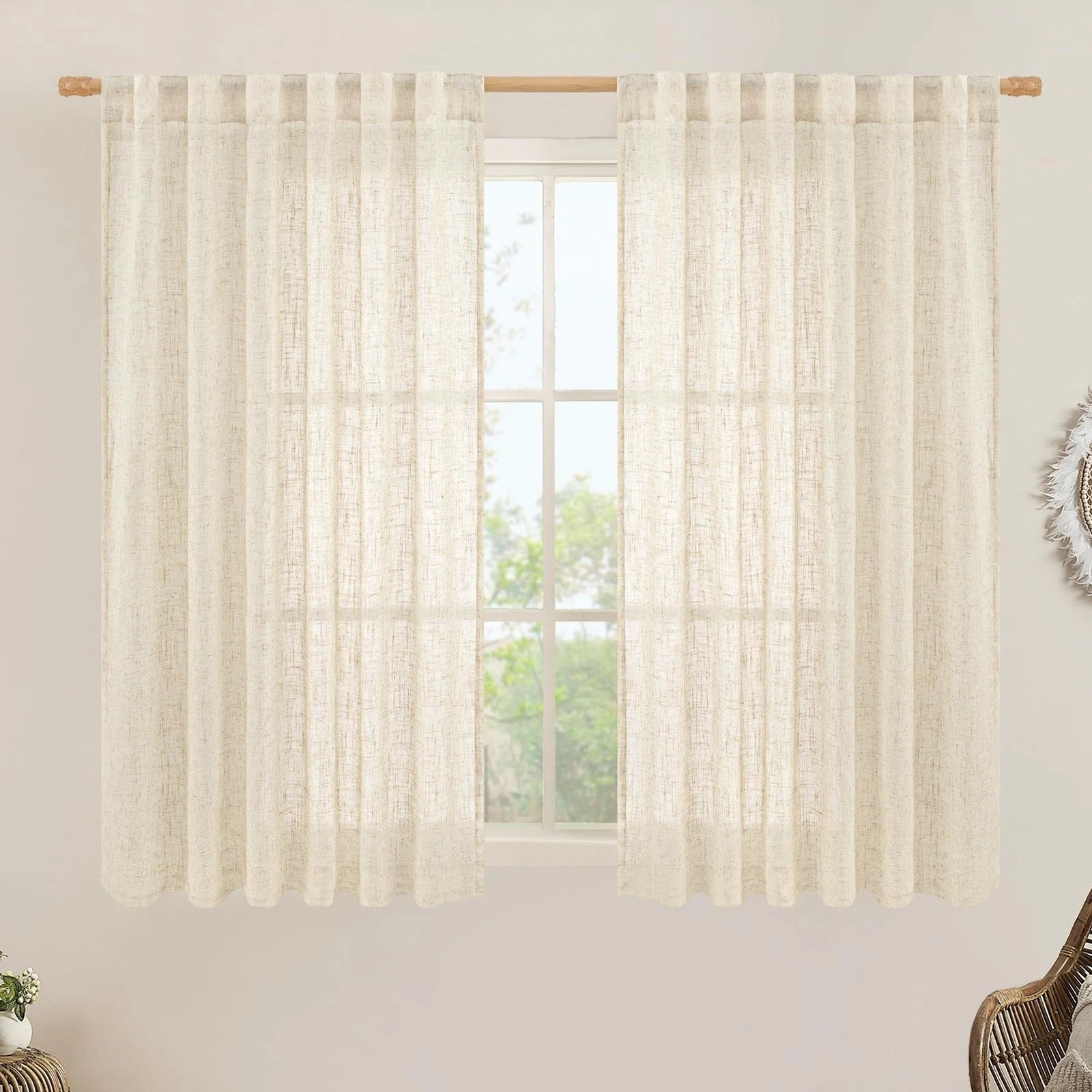 Semi Sheer Linen Curtains 54 Inch Length 2 Panels, Beige Light Filterin…