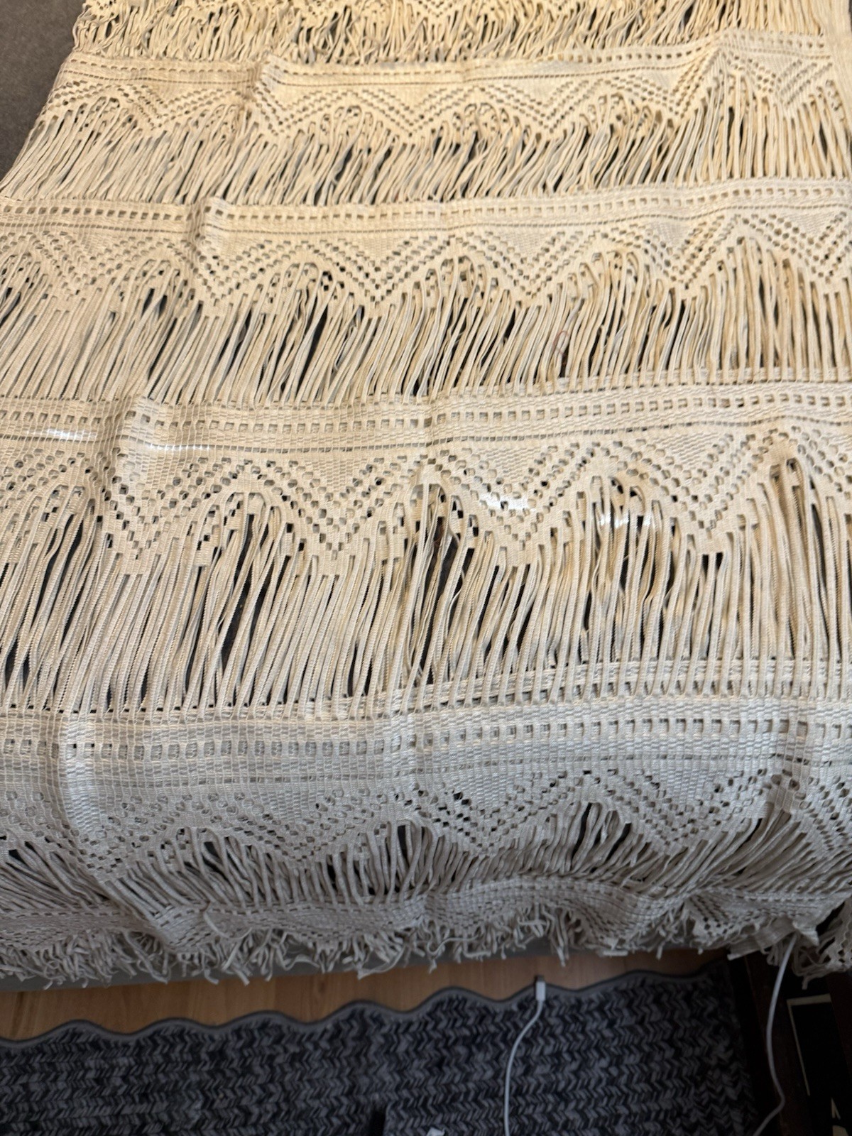 Vintage Beige Crocheted Boho Fabric Panel 112” Wide & 48” Long (A121)