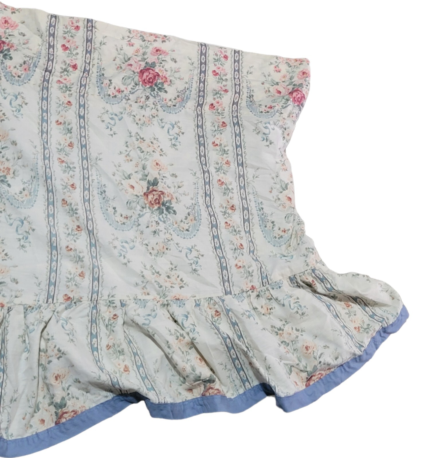 Floral Striped Ruffled Swooped Valance Solid Blue Hem 44x96in Grannycore