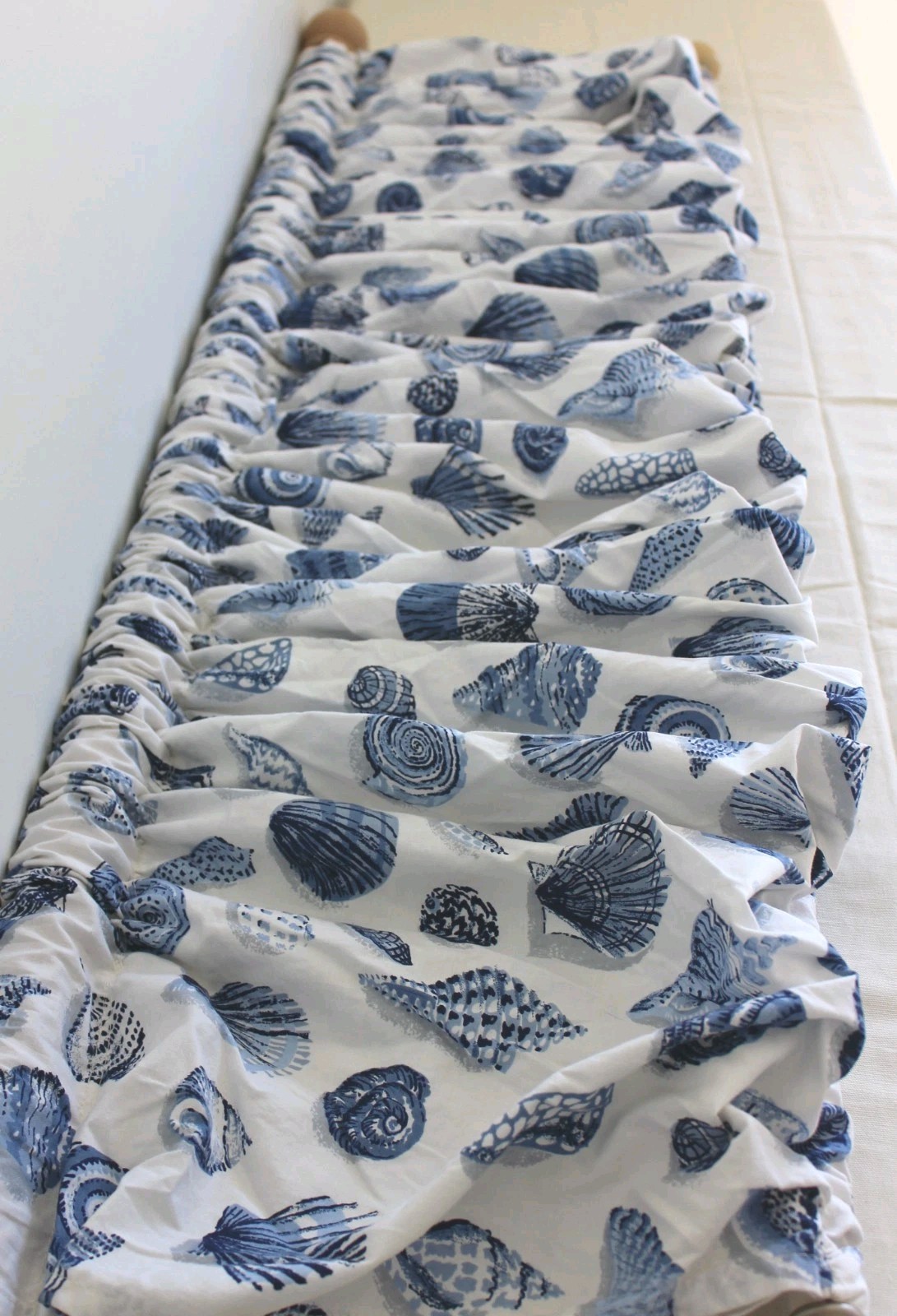 Custom Curtains Blue White Seashell Toile Vtg 3-Pc Drapery Set Beachcomber