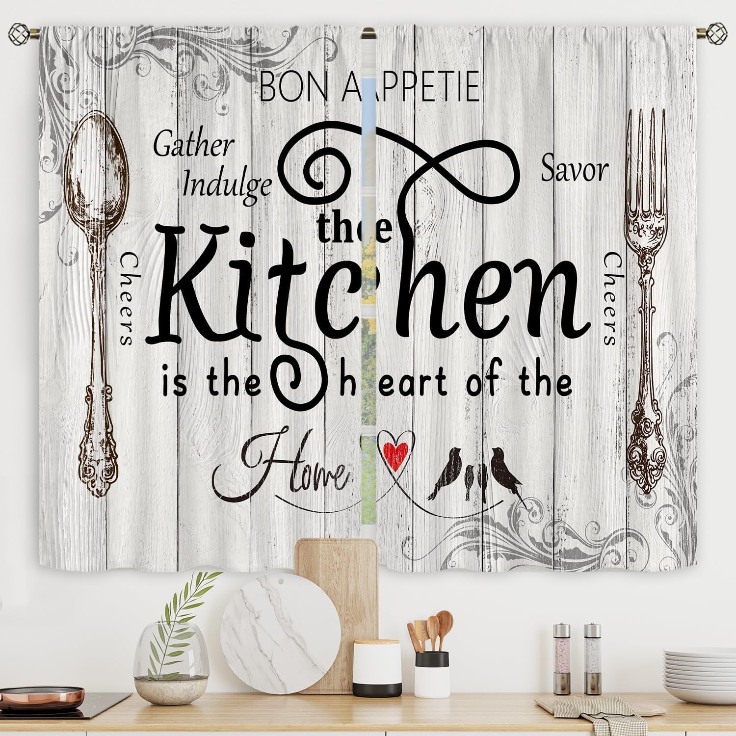 Riyidecor Kitchen Curtains Rustic Farmhouse 55×39 Inch Rod Pocket Country Short