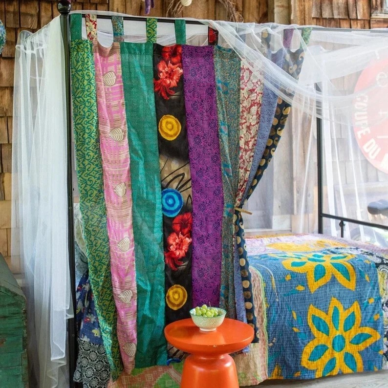 Handmade Indian Sari Patchwork Curtains 2 Pc – Silk Blend Light-Filtering Drapes