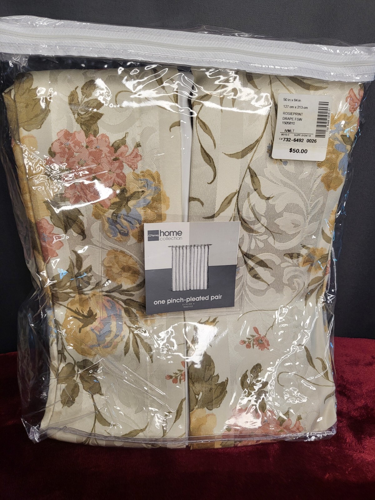 JC PENNEY HOME COLLECTION ONE PINCH-PLEATED PAIR ROSIEPRINT DRAPES 50 X 84 IN