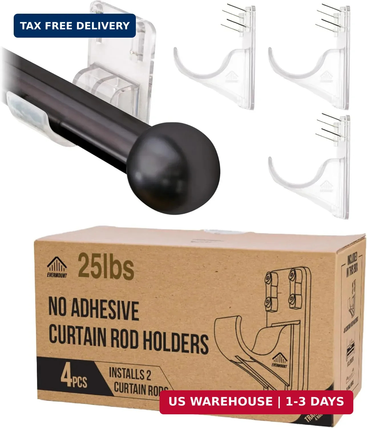 No Adhesive Heavy Duty Curtain Rod Holders with Wide Hook, 5X Stronger Than Adhe