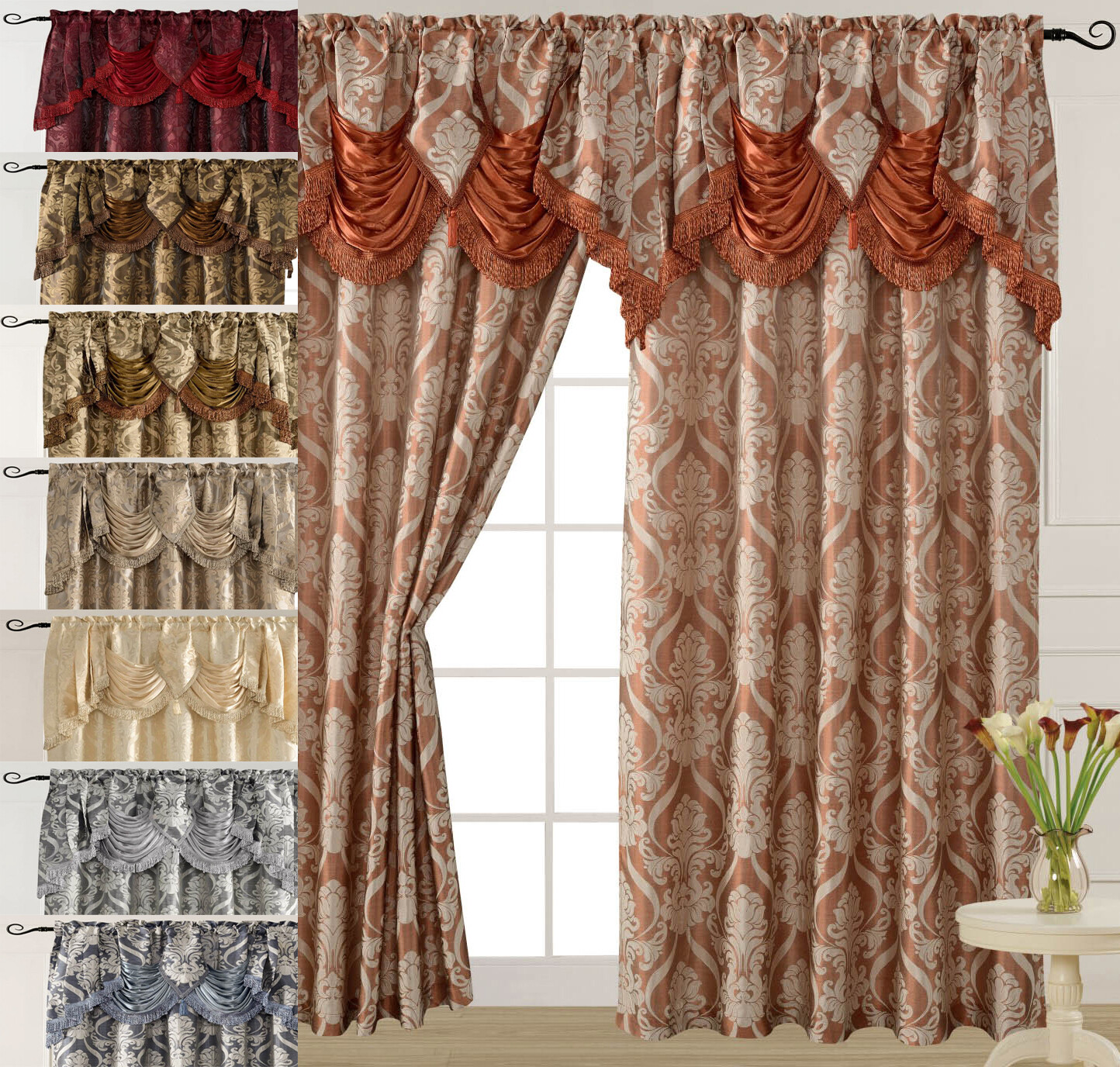 Luxury Jacquard Curtain Panel with Attached Waterfall Valance 54″ X 84″ Ashley