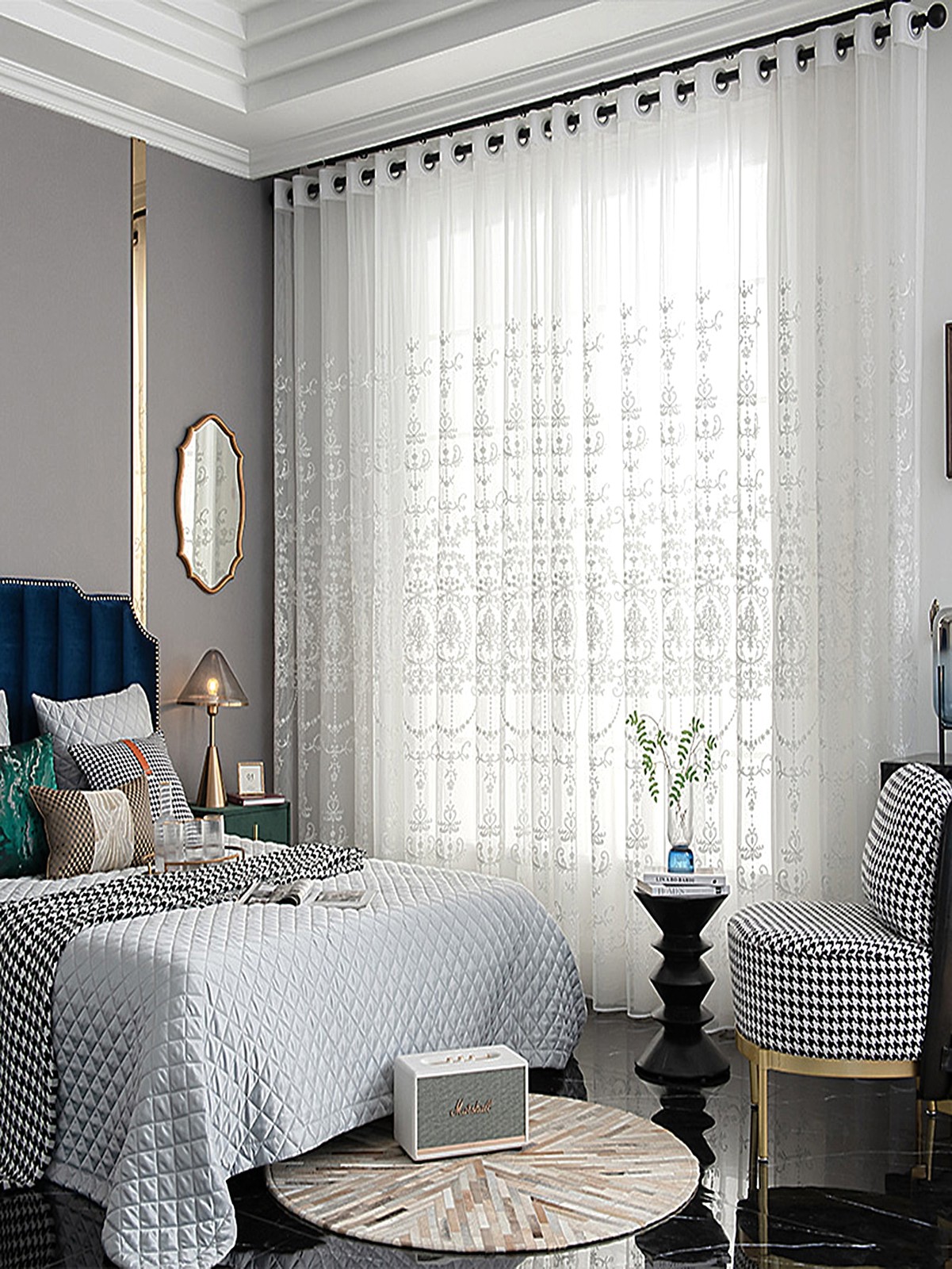 White Polyamide Sheer Panel Curtain With Floral Embroidery 150×250 100×230