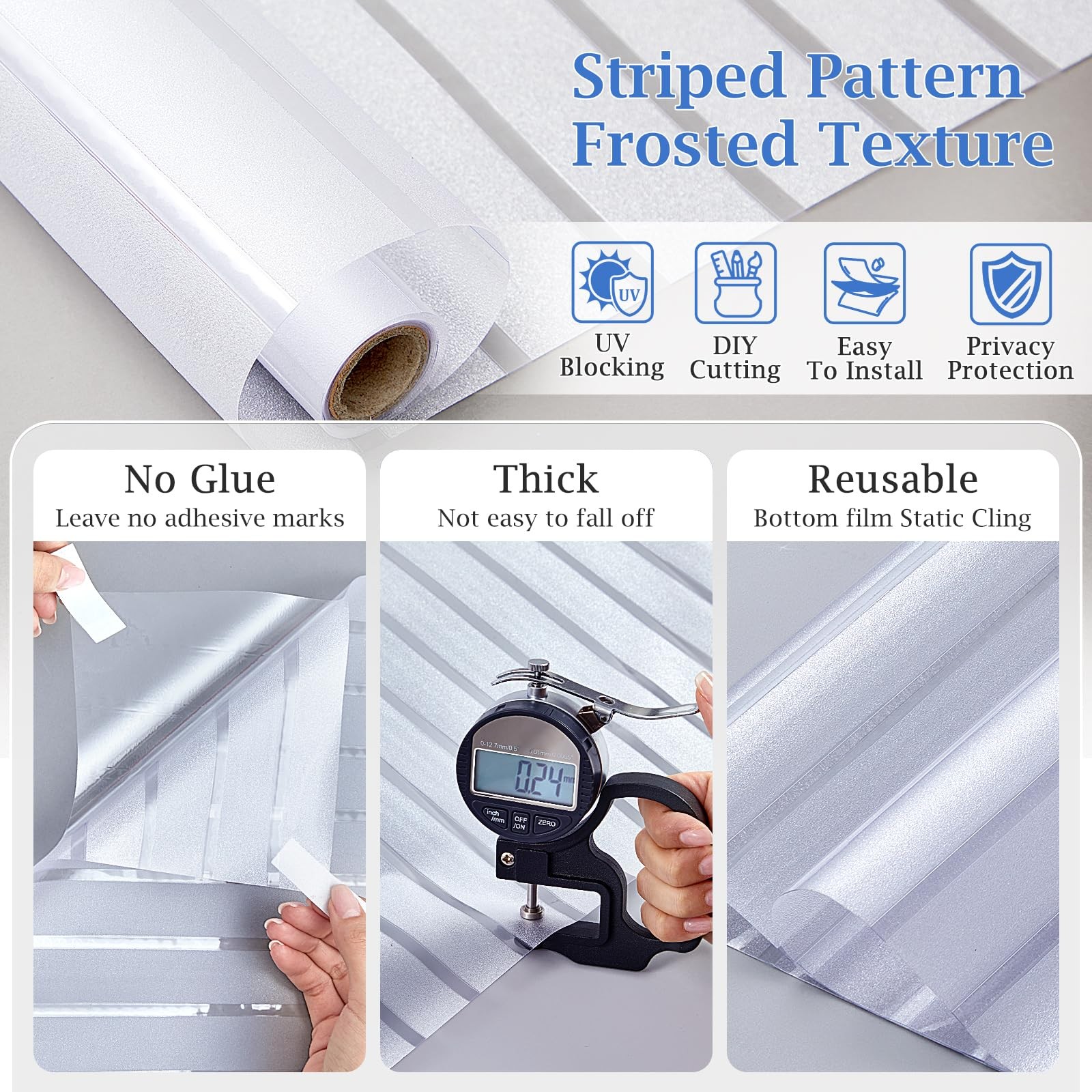 Viseeko Blinds Style Window Privacy Film, 17.5 x 78.7 Inch, Frosted Stripe