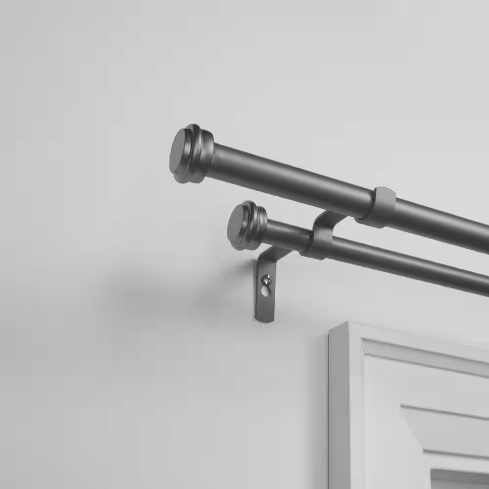 Topper Double 66 In. – 120 In. Adjustable 3/4 In. Double Curtain Rod Kit in Gunm