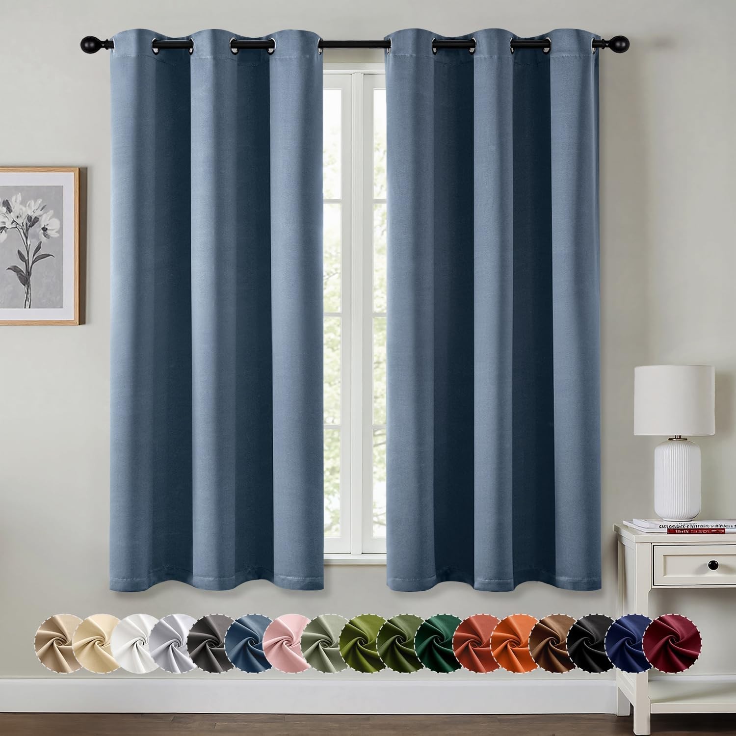 Stone Blue Blackout Curtains for Bedroom Living Room 63 Inches Long