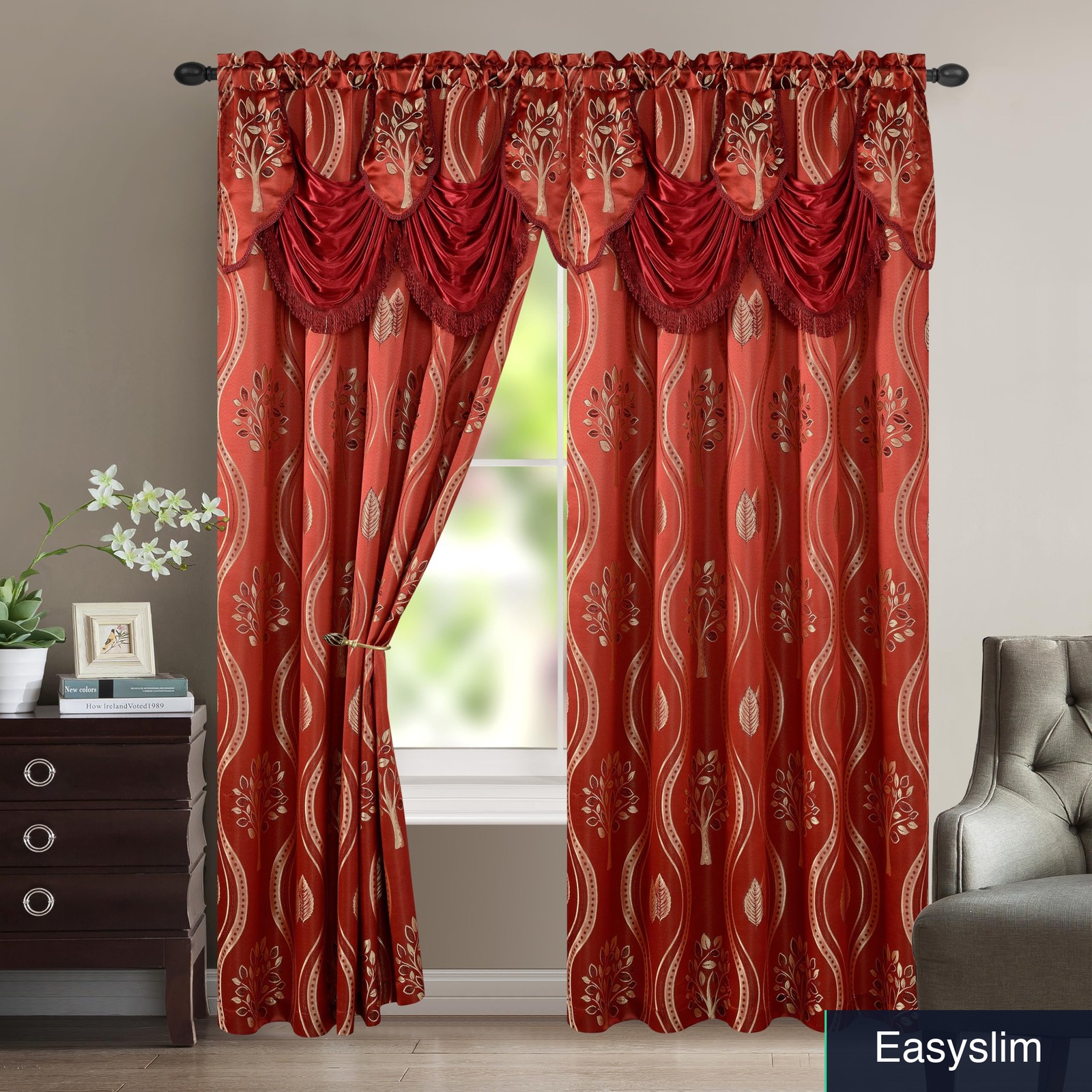 Curtain Panels Set of 2 with Valance, 54 inch Width x 84 inch Length Burgundy