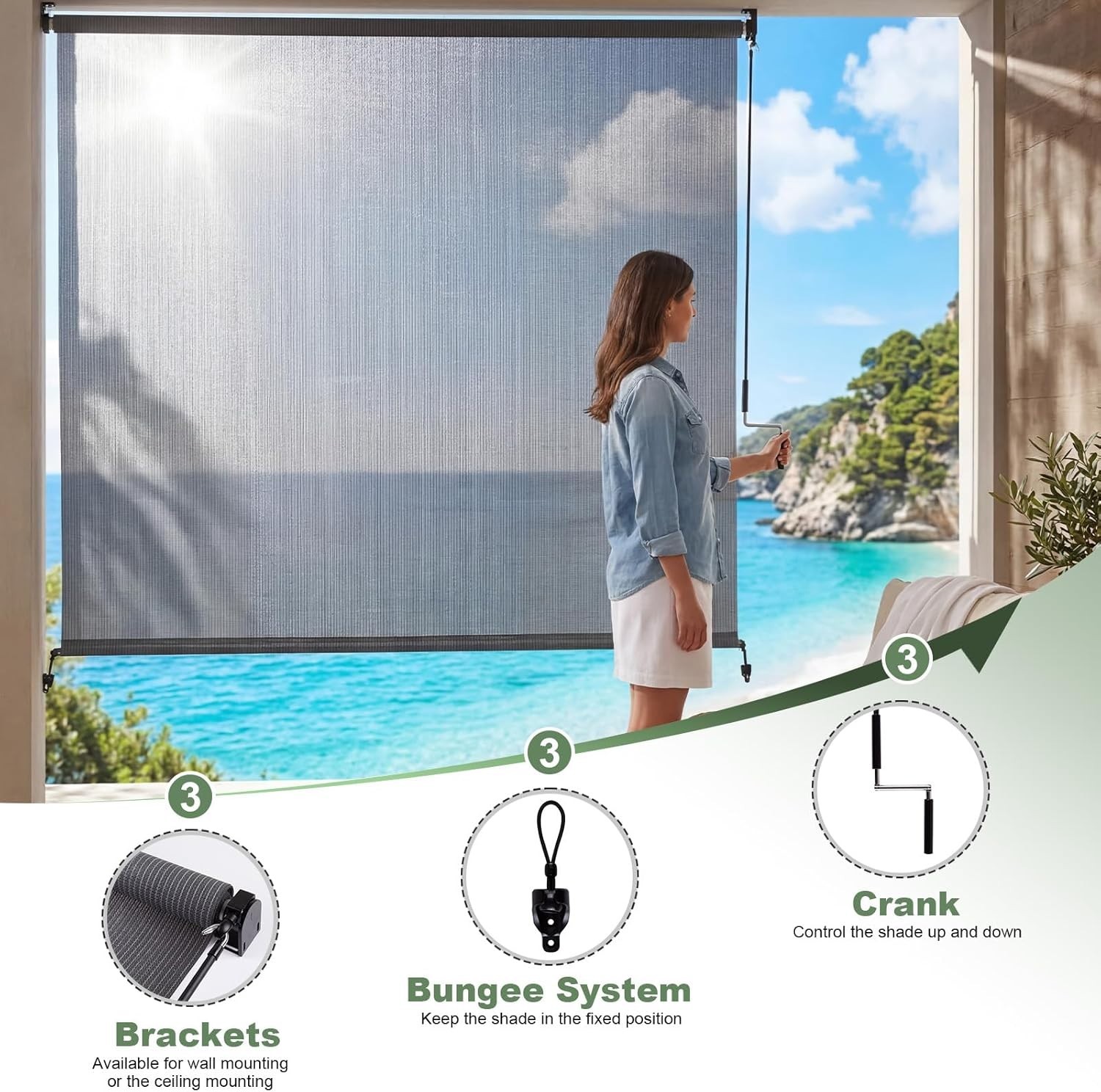 Light Gray 96″ x 96″ Crank Control Patio Shade – 95% UV Protection Roller Blinds