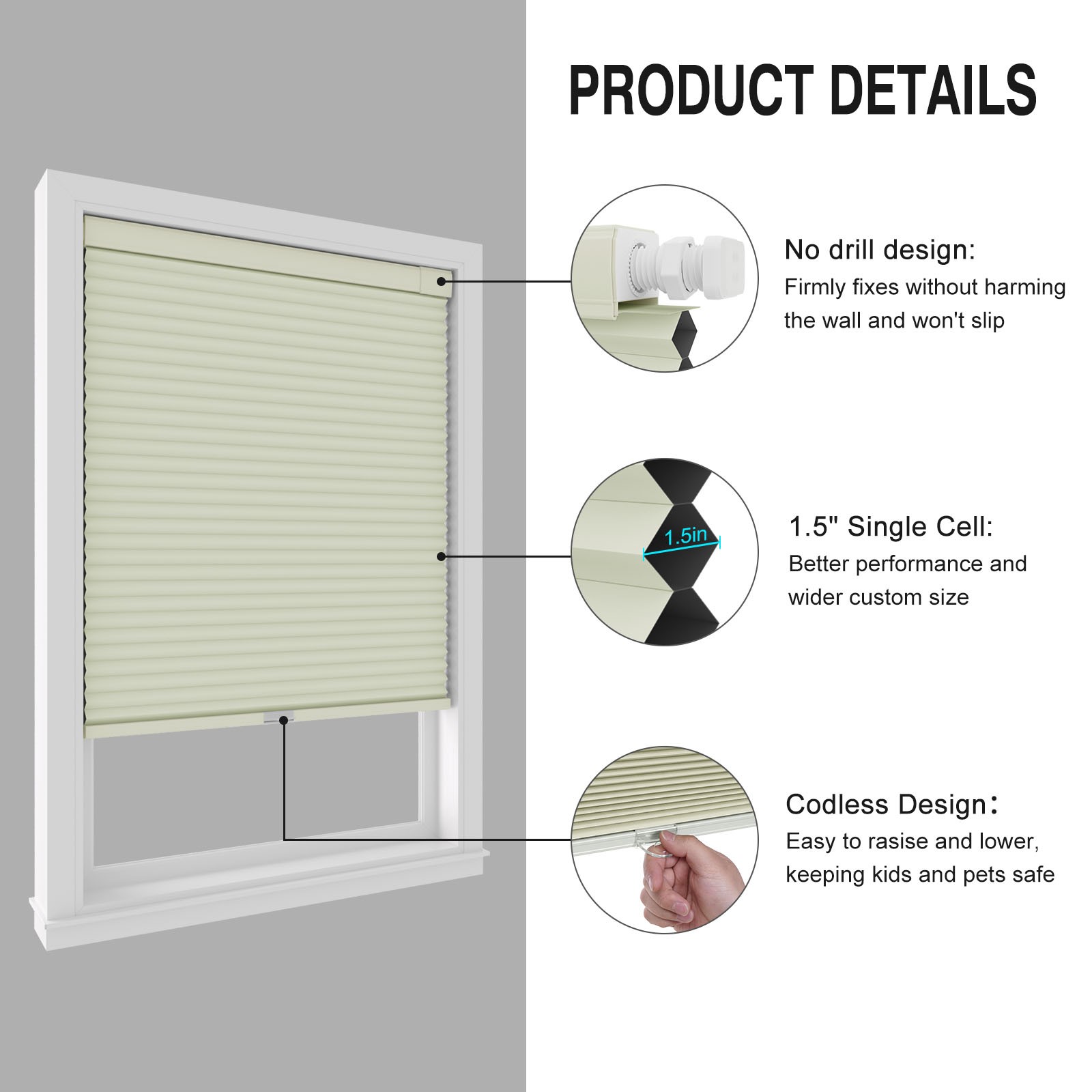 Blackout No Drill No Tools Cordless 1.5” Cellular Shades Honeycombs for Window