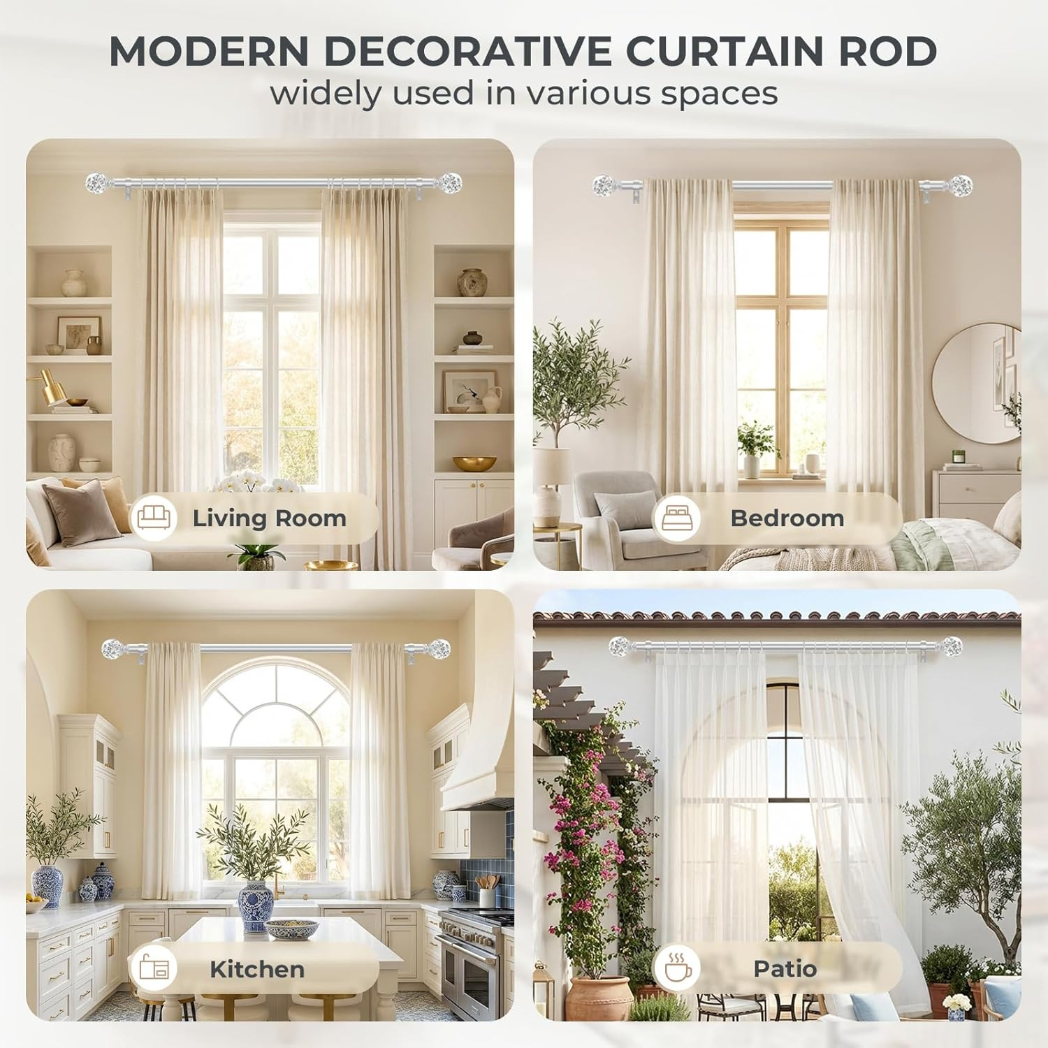 Silver Decorative Crystal Curtain Rods:18-45 Inch Heavy Duty Adjustable Window C