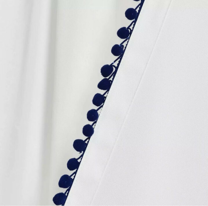 (1) Lush Decor Window Curtain Panel White Navy Pom Pom 50″ x 95″