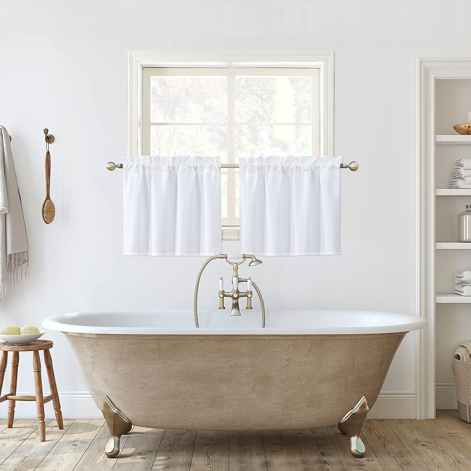 Home Queen White Water Resistant Bathroom Window Curtain, Dot Waffle Textured Ha