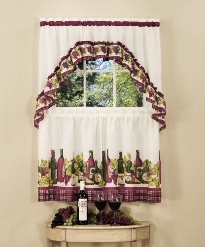 3 Pc Kitchen Curtains Tier & Swag (57″x30″) Set, WINE & GRAPES,CHARDONNAY, Achim