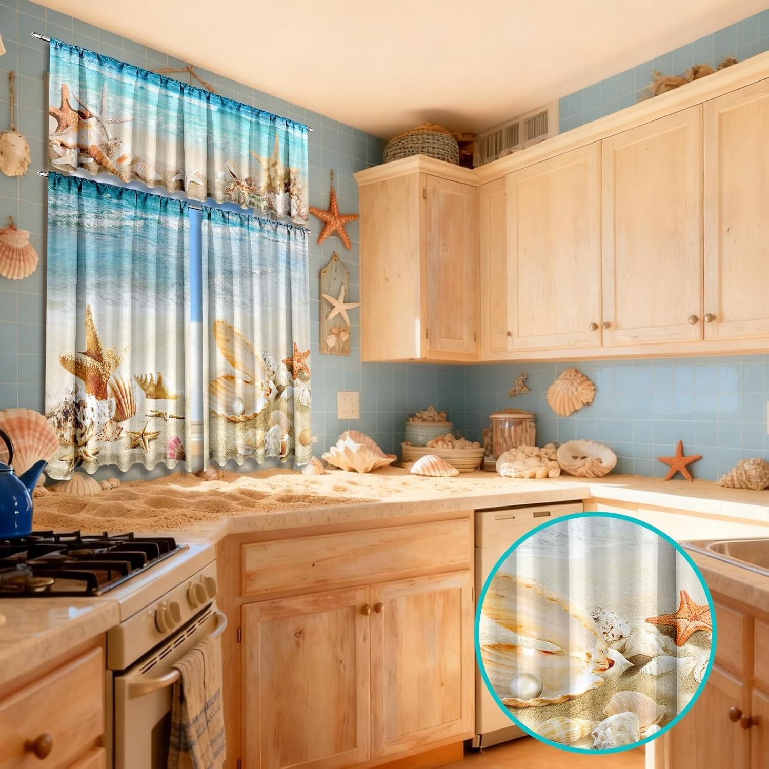 Beach Kitchen Curtains Set Coastal Starfish Shell Water Resistant Polyester