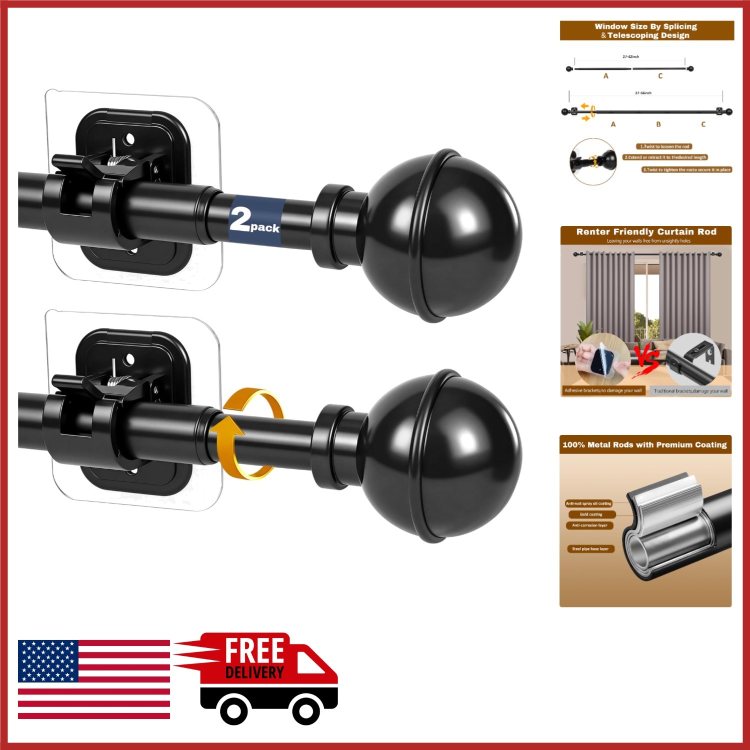 No Drill Curtain Rod 27 to 56 Inch Adjustable Black Stainless Steel 2-Pack