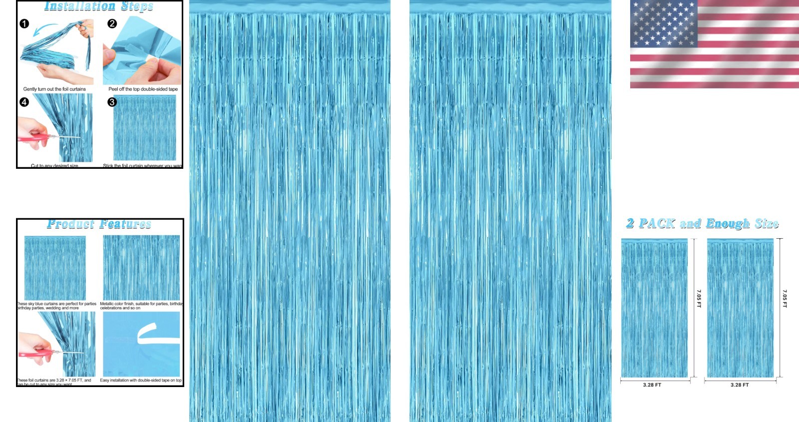 2 Pack Winter Wonderland Backdrop Curtains – Reflective Sky Blue Tinsel