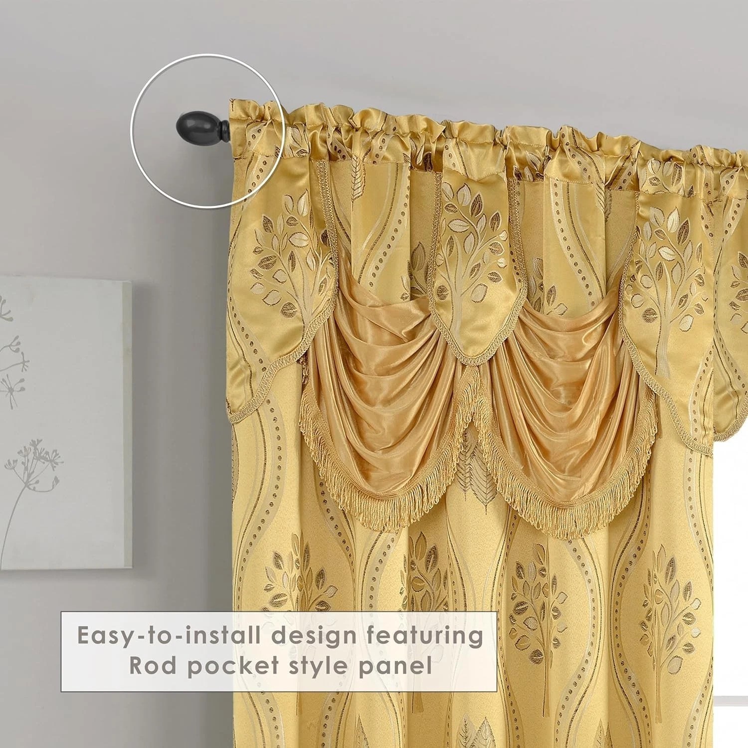 Decorative Gold Jacquard Curtains with Attached Valance 54 by 84 for Home Decor