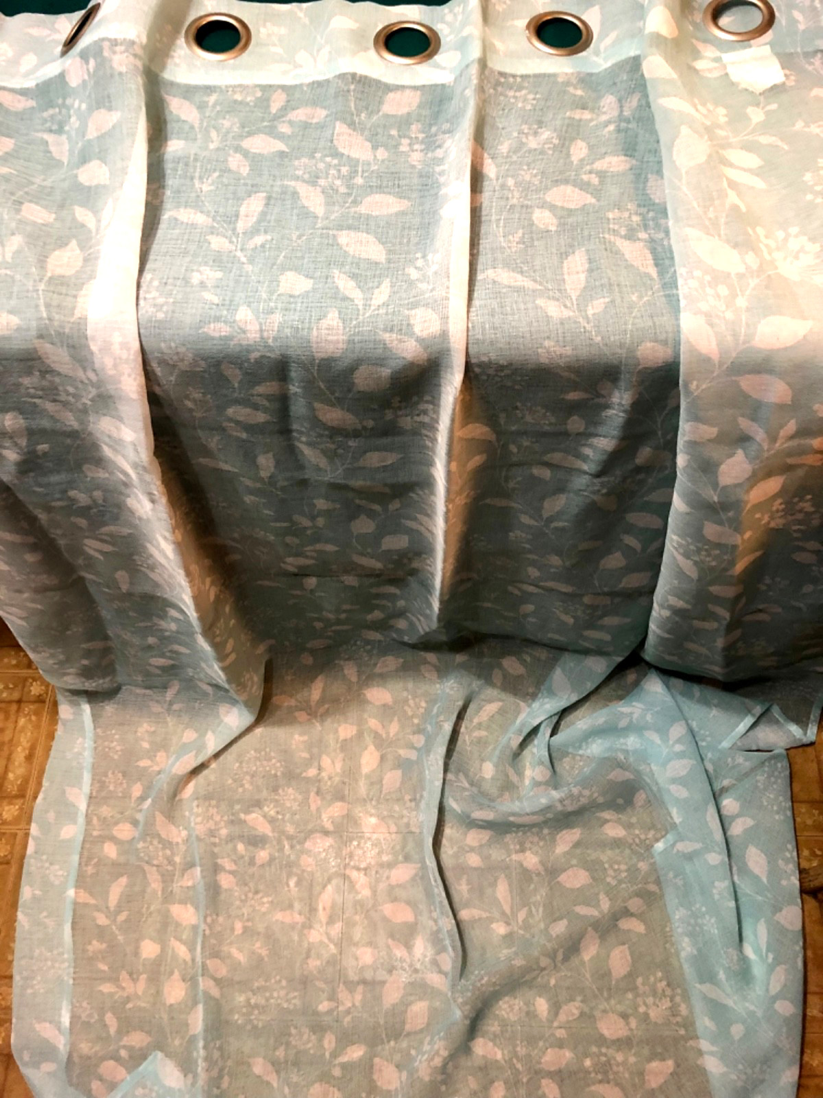 Turquoise Blue Floral Polyester Sheer grommets at top 55″ wide 82″ long Curtain