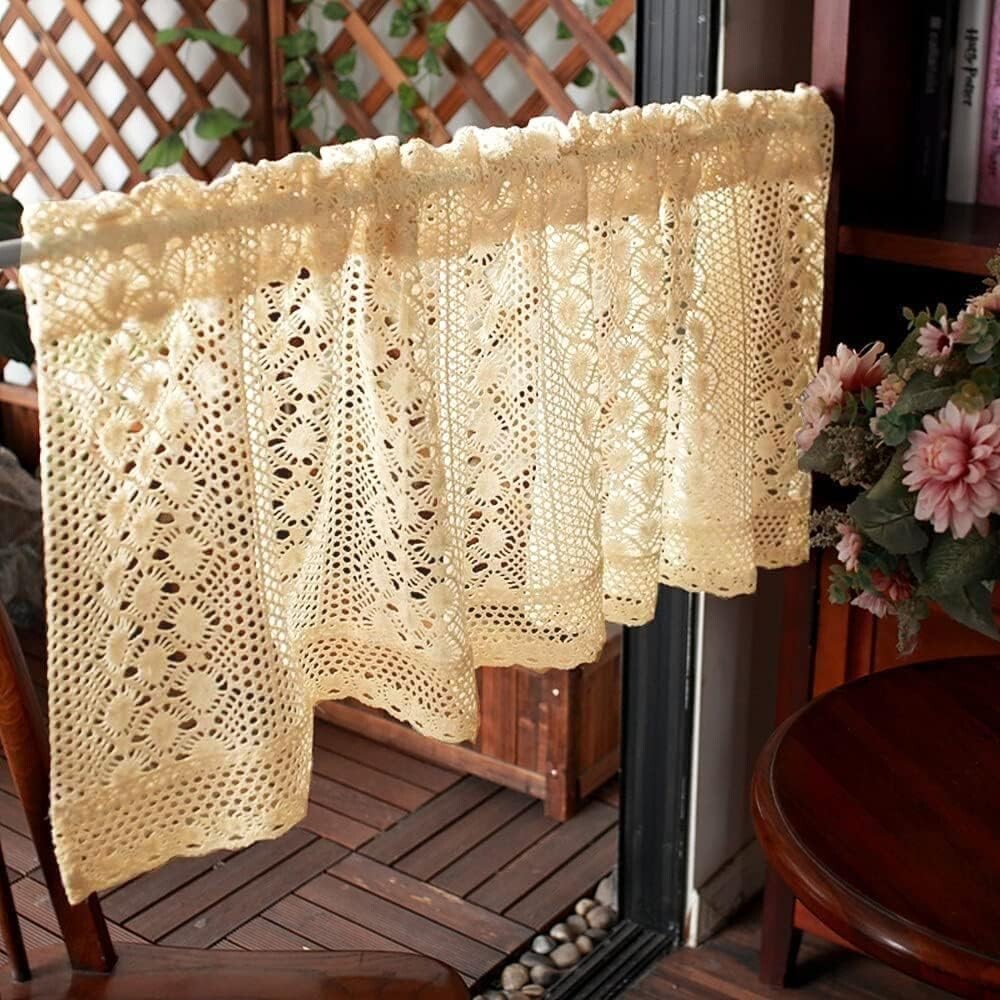 Boho Crochet Floral Lace Kitchen Window Curtains Cafe Tiers w/ Tassel Rod Pocket