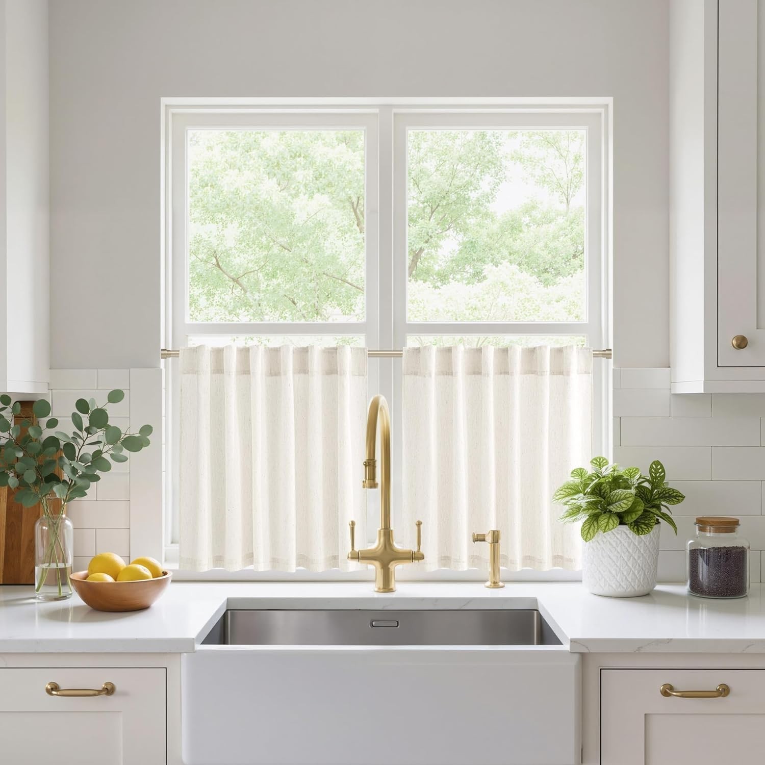 Cream Linen Kitchen Curtains 18 inches Long, Rod Pocket & Back Tab Thick Flax…