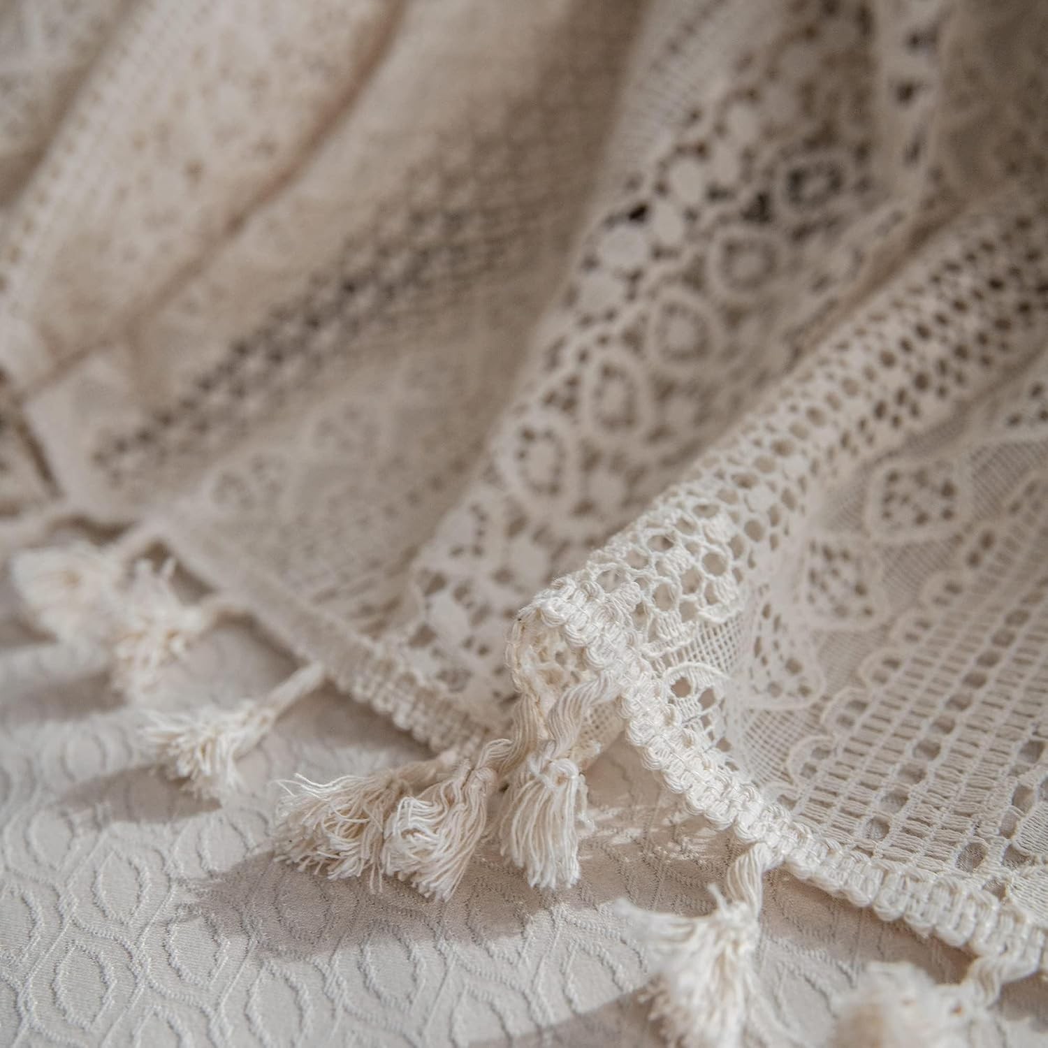 Crochet Boho Lace Sheer Curtains Macrame Farmhouse 63 Inches Length Long Beige