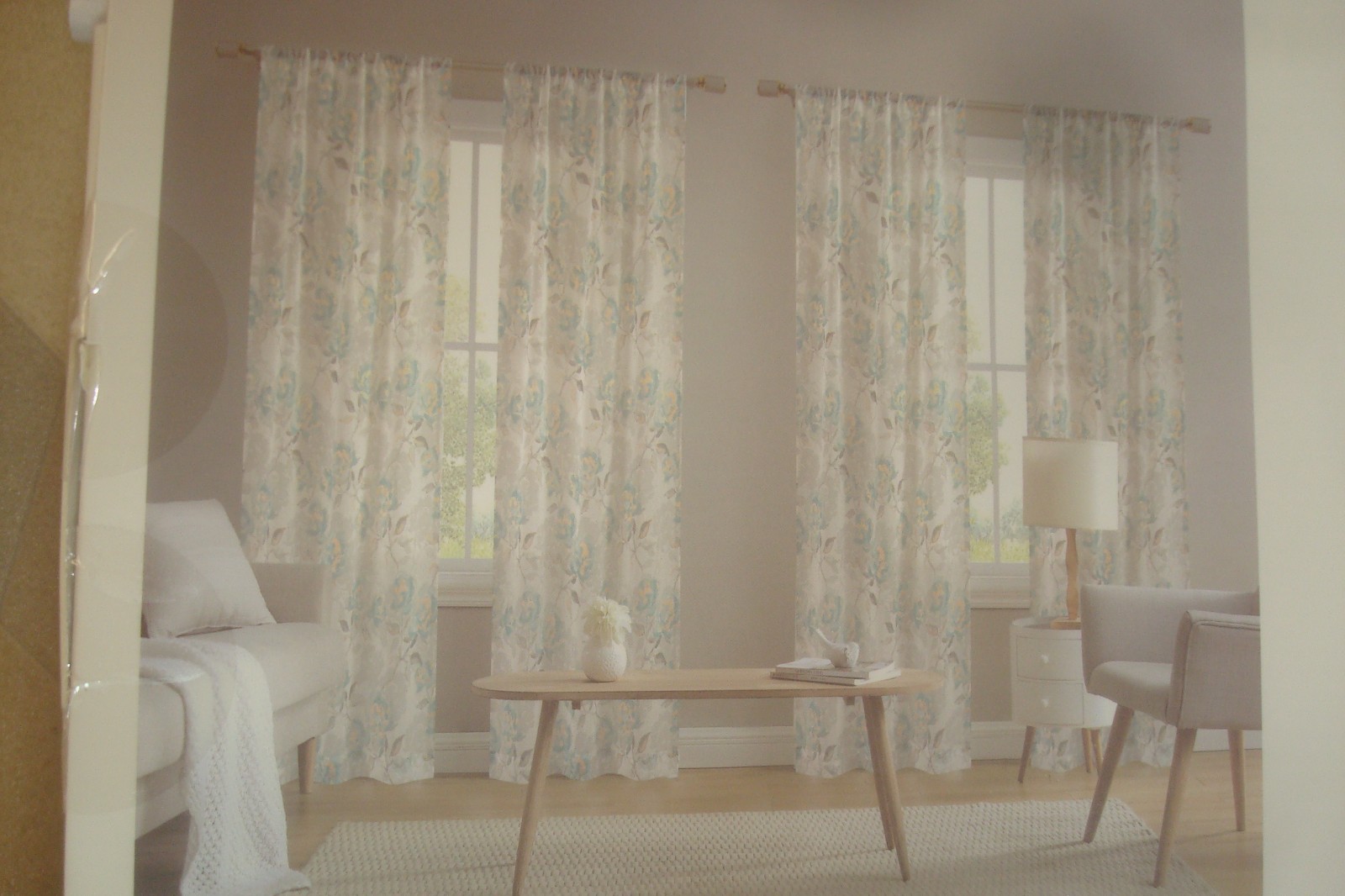 NWT Laura Ashley 4 pc Curtains Metallic Floral Sheer Aqua Gold each 38 x 96″ lg