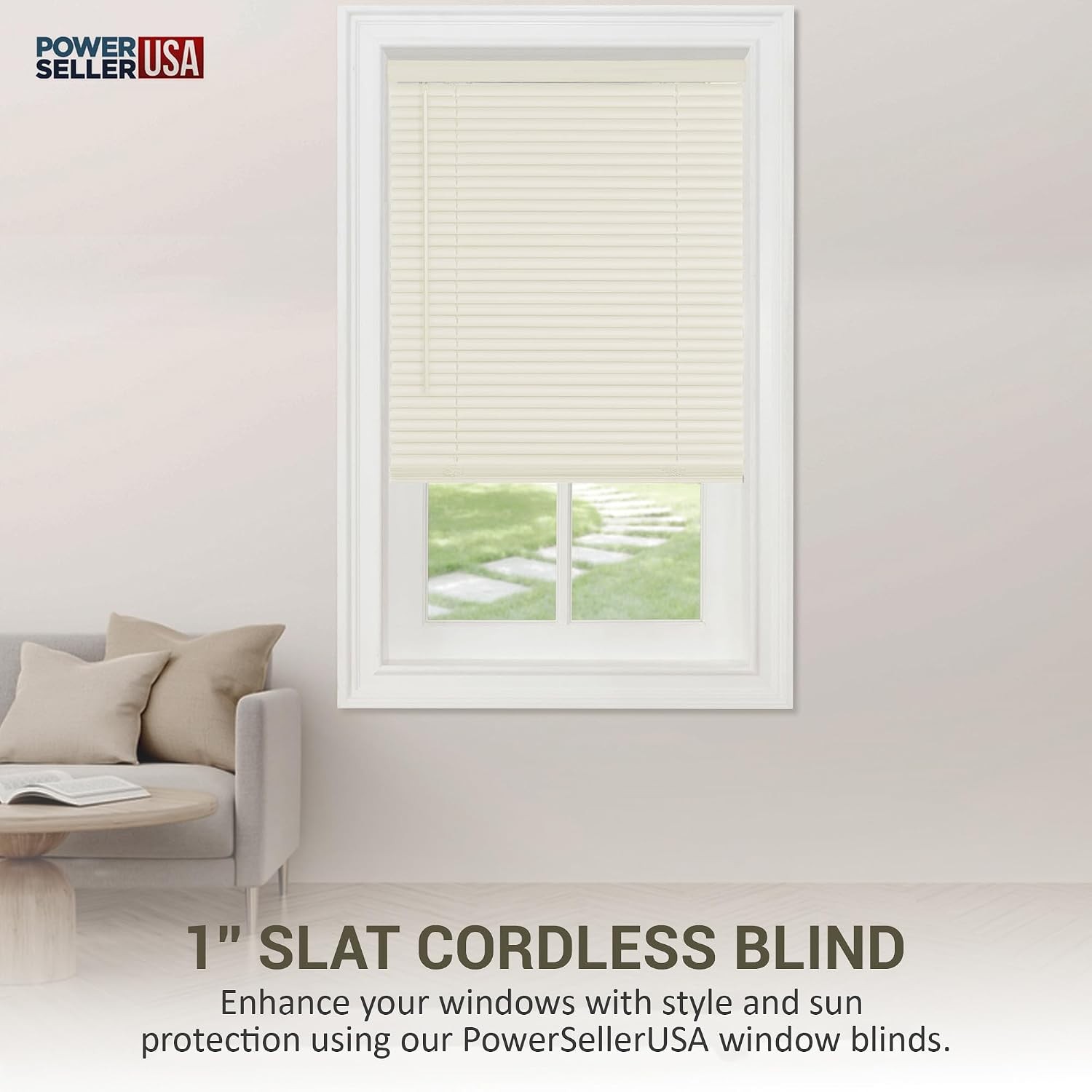 PowerSellerUSA Cordless Vinyl Mini Blinds 34×64 Inch Alabaster