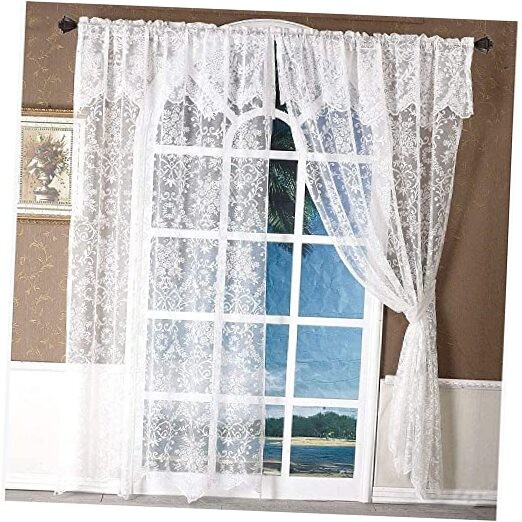 84 Inch Lace Curtains with Valances Attached 2 60″W x 84″L (Pack of 2) White